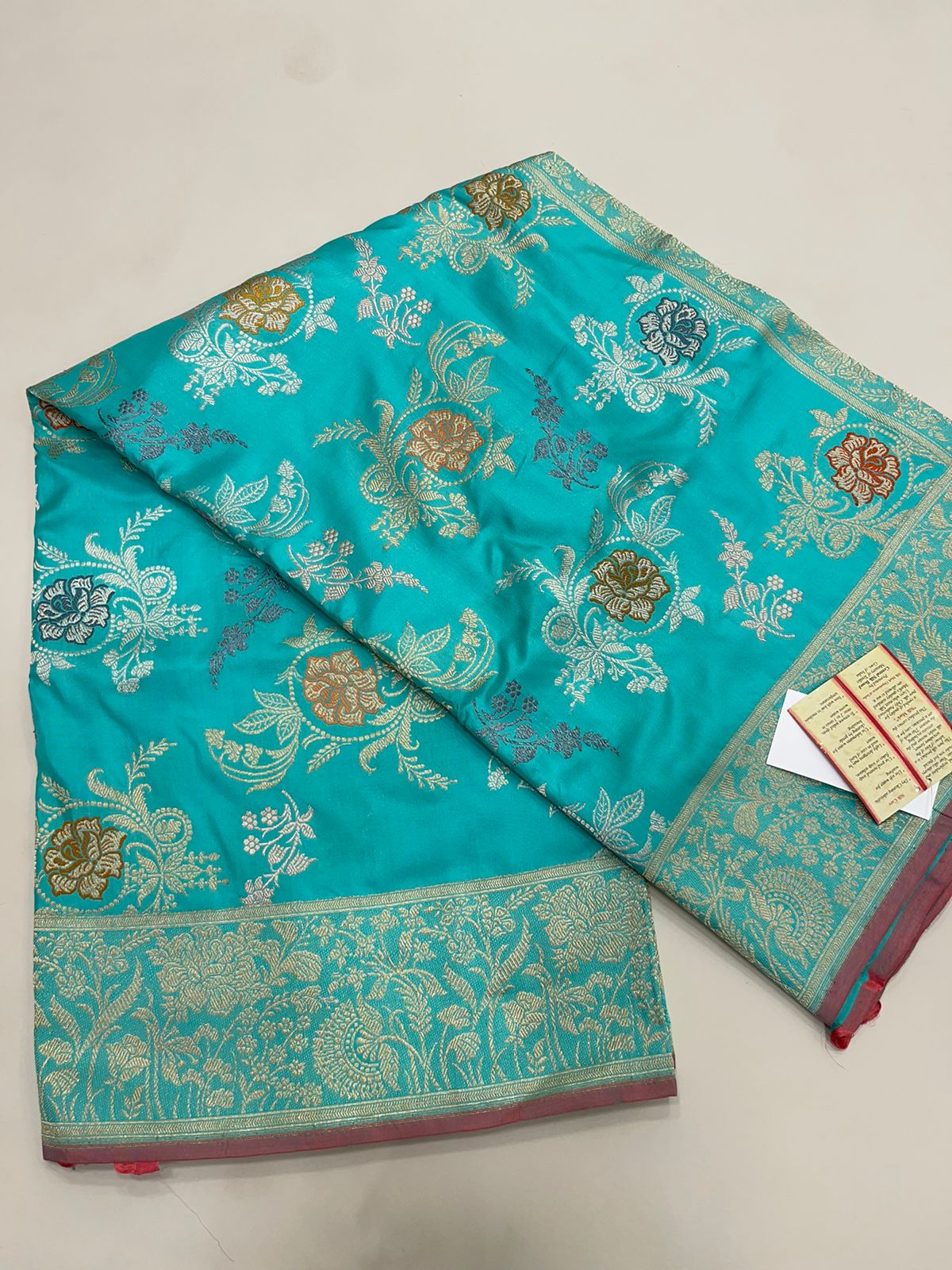 Seagreen Splendor: Faishana Pure Handloom Katan Silk Minakari Kadhwa Floral Jaal Zari Banarasi Border Self-Design Anchal and Sea green Stripe Blouse