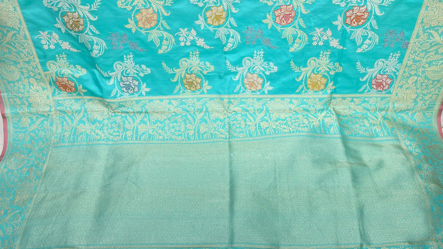 Seagreen Splendor: Faishana Pure Handloom Katan Silk Minakari Kadhwa Floral Jaal Zari Banarasi Border Self-Design Anchal and Sea green Stripe Blouse