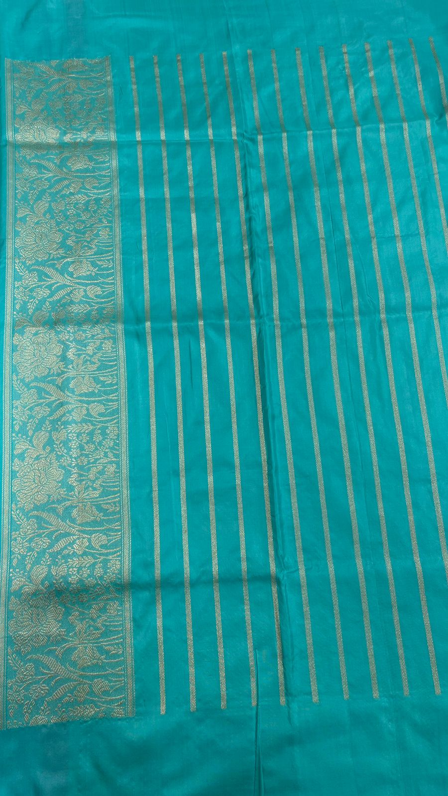 Seagreen Splendor: Faishana Pure Handloom Katan Silk Minakari Kadhwa Floral Jaal Zari Banarasi Border Self-Design Anchal and Sea green Stripe Blouse