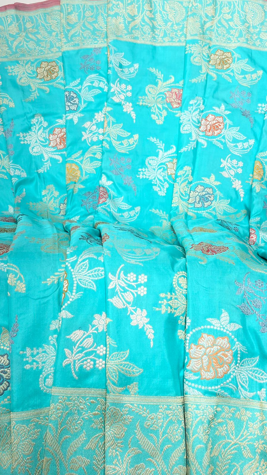 Seagreen Splendor: Faishana Pure Handloom Katan Silk Minakari Kadhwa Floral Jaal Zari Banarasi Border Self-Design Anchal and Sea green Stripe Blouse