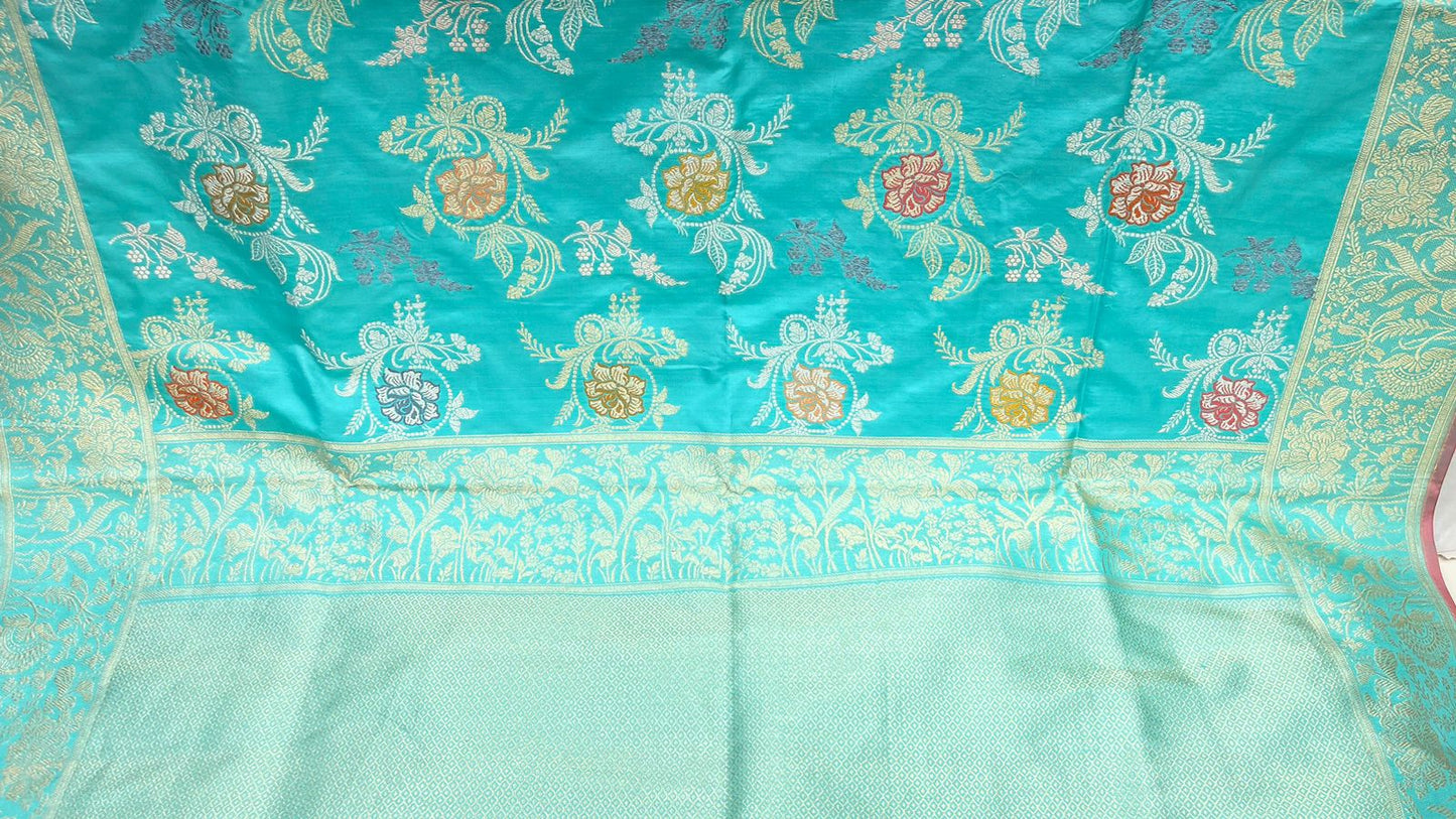 Seagreen Splendor: Faishana Pure Handloom Katan Silk Minakari Kadhwa Floral Jaal Zari Banarasi Border Self-Design Anchal and Sea green Stripe Blouse
