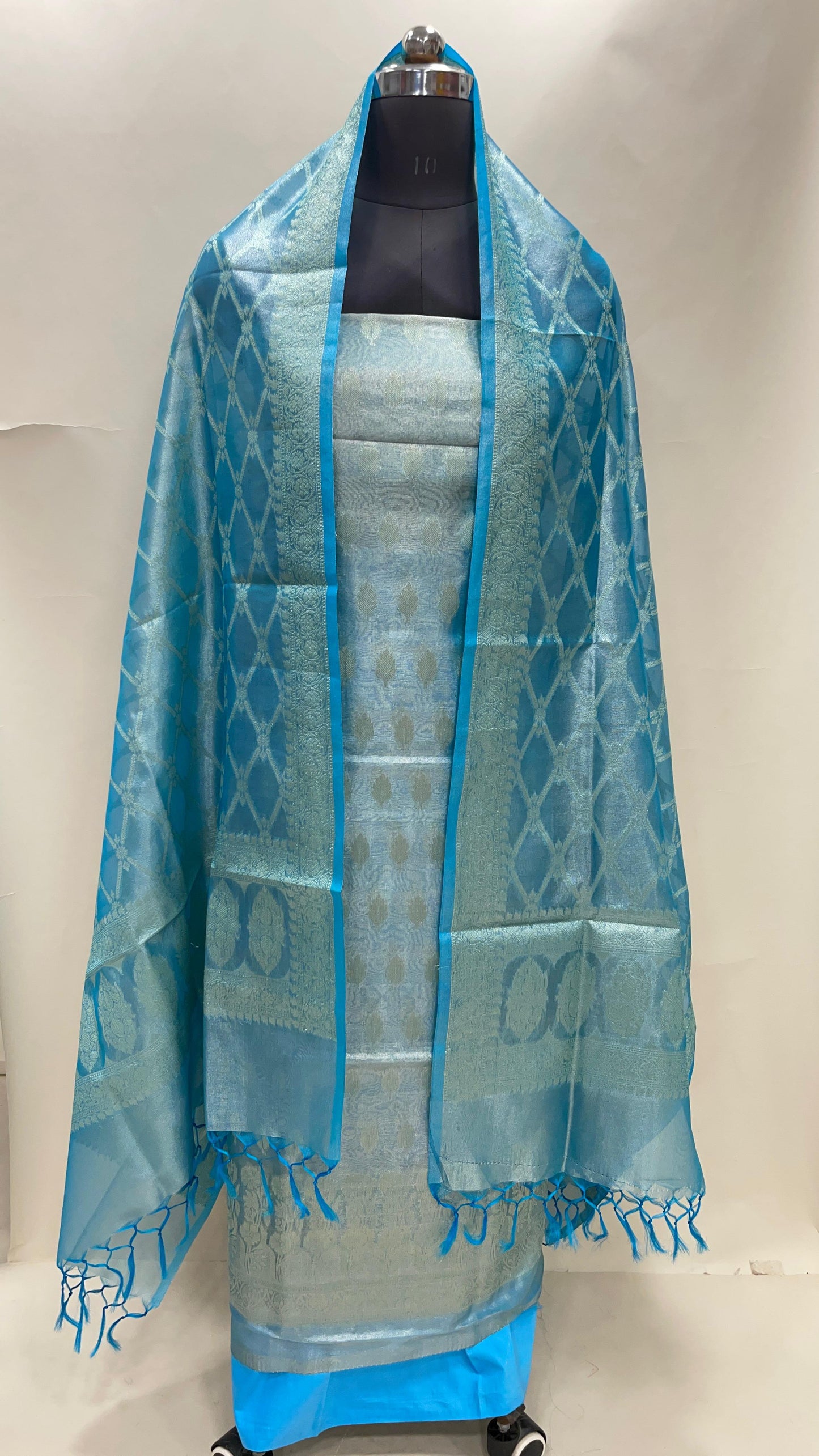 Faishana Sky Blue Tissue Silk Suit with Floral Zari Booti Plain Bottom & Checkered Stripe Dupatta SHL_100