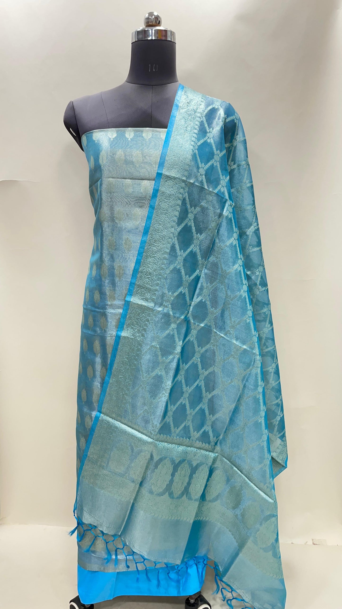 Faishana Sky Blue Tissue Silk Suit with Floral Zari Booti Plain Bottom & Checkered Stripe Dupatta SHL_100