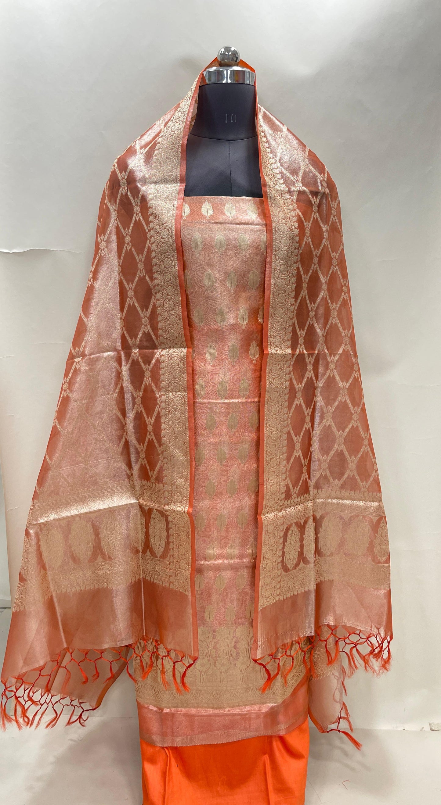 Faishana Orange Tissue Silk Suit with Floral Zari Booti Plain Bottom & Checkered Stripe Dupatta SHL_101