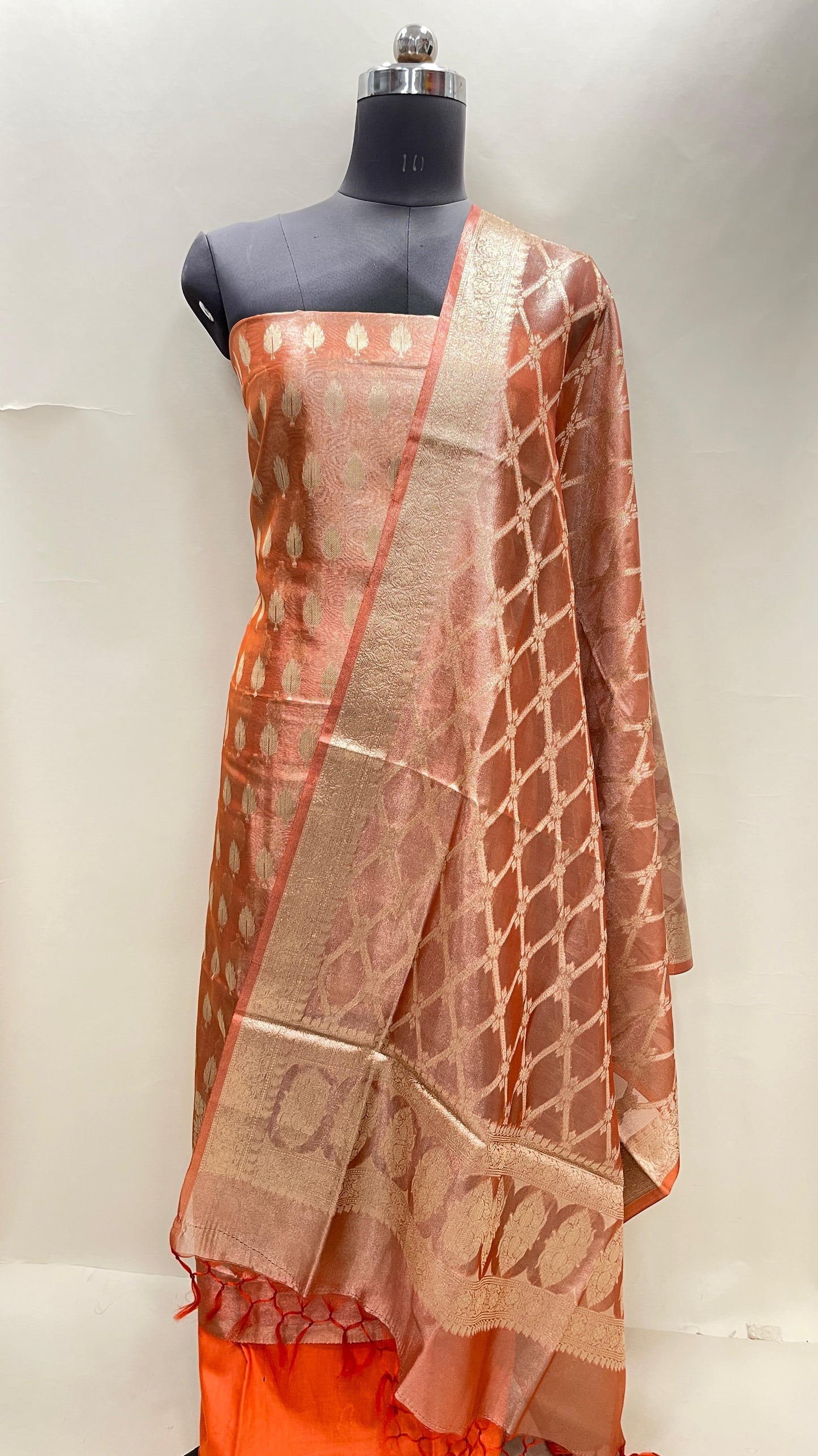Faishana Orange Tissue Silk Suit with Floral Zari Booti Plain Bottom & Checkered Stripe Dupatta SHL_101