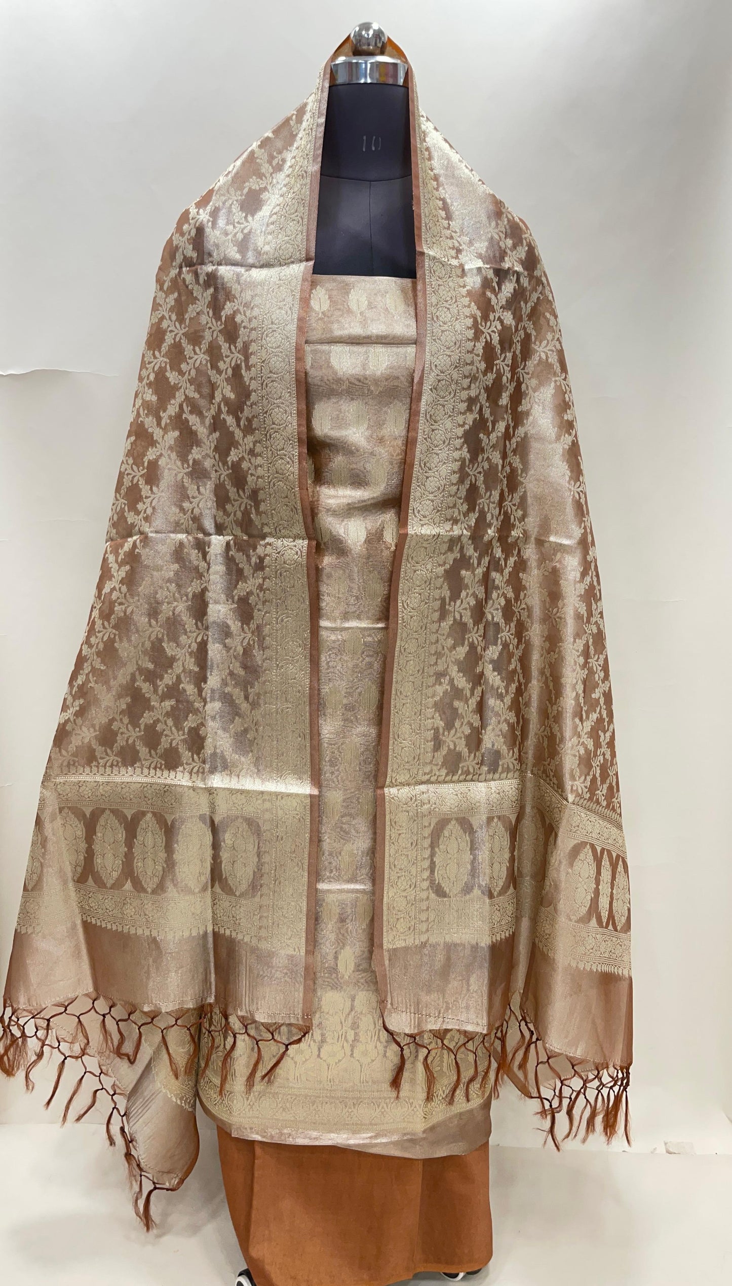 Faishana Brown Tissue Silk Suit with Floral Zari Booti Plain Bottom & Floral Zari Jaal Dupatta SHL_102