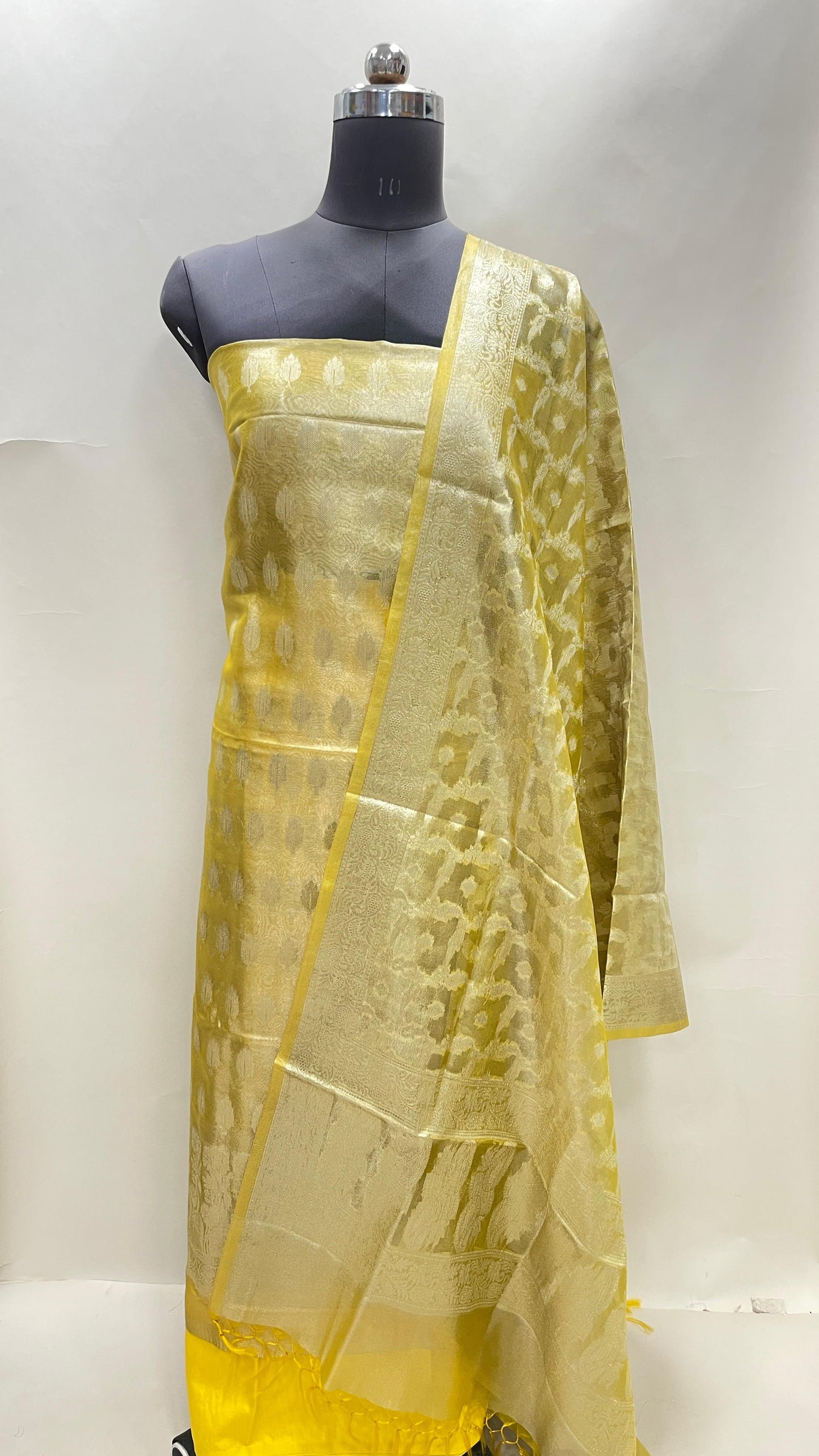 Faishana Yellow Tissue Silk Suit with Floral Zari Booti Plain Bottom & Checkered Jaal Dupatta SHL_104