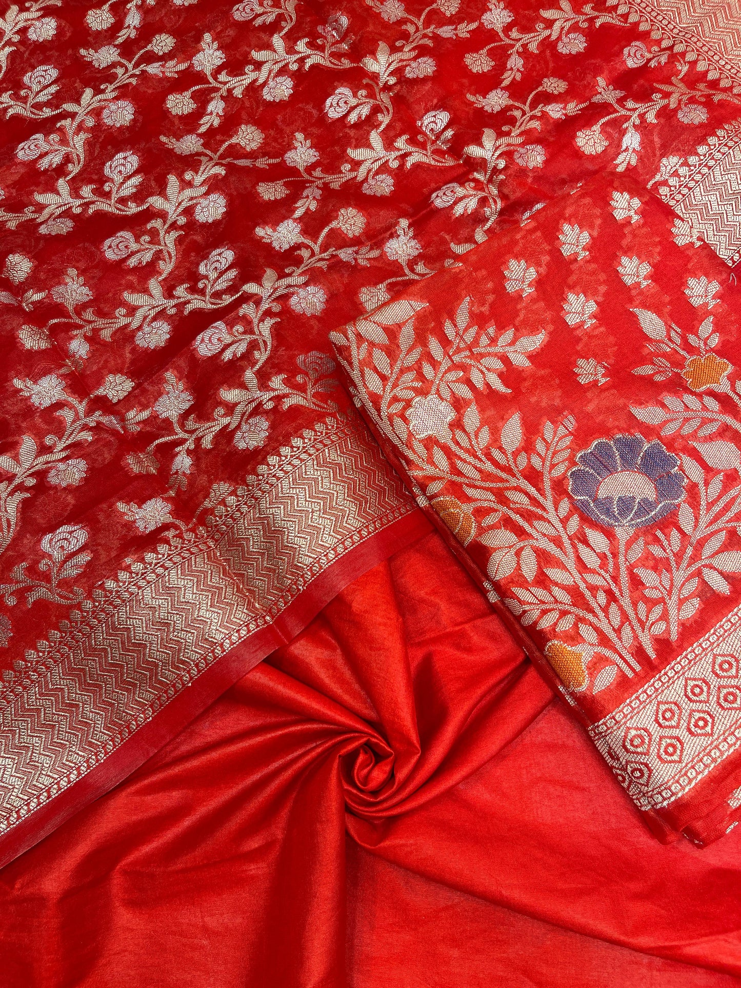 Faishana Red Semi Georgette Suit with Floral Ikkat Mina Border Plain Bottom and Zari Jaal Dupatta SHL_105