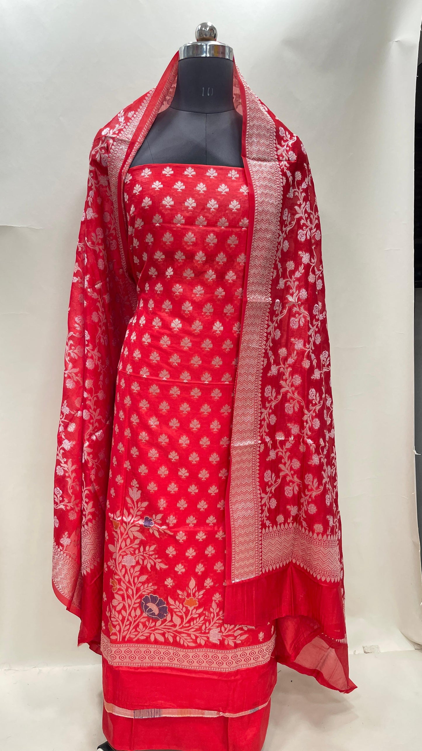 Faishana Red Semi Georgette Suit with Floral Ikkat Mina Border Plain Bottom and Zari Jaal Dupatta SHL_105