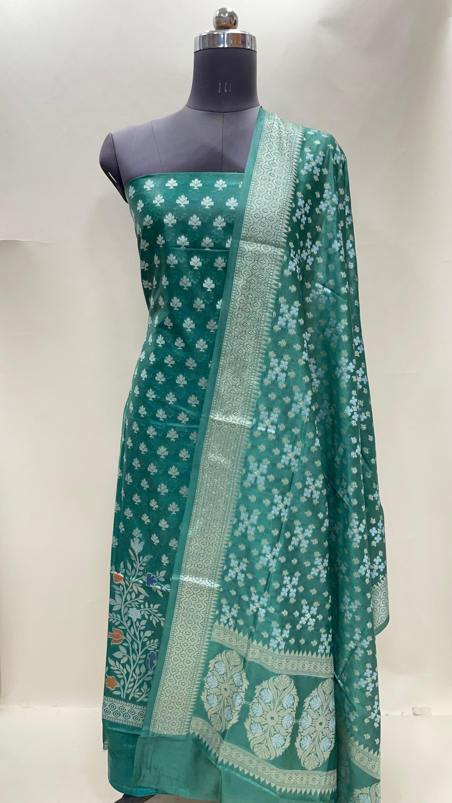 Faishana Dark Green Semi Georgette Suit with Floral Ikkat Mina Border Plain Bottom and Zari Jaal Dupatta SHL_106