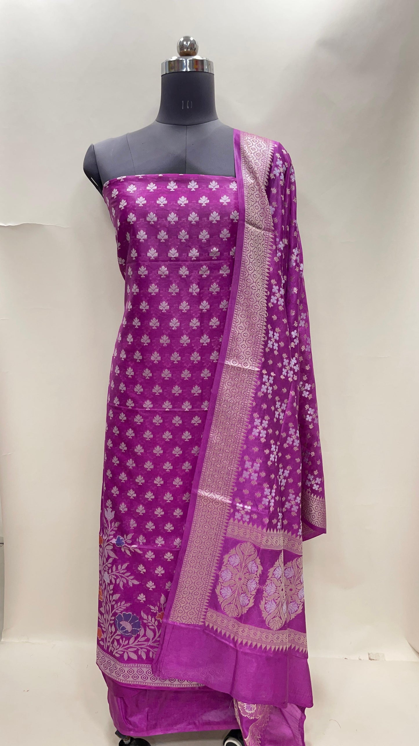 Faishana Faishana Purple Semi Georgette Suit with Floral Ikkat Mina Border Plain Bottom and Zari Jaal Dupatta SHL_108