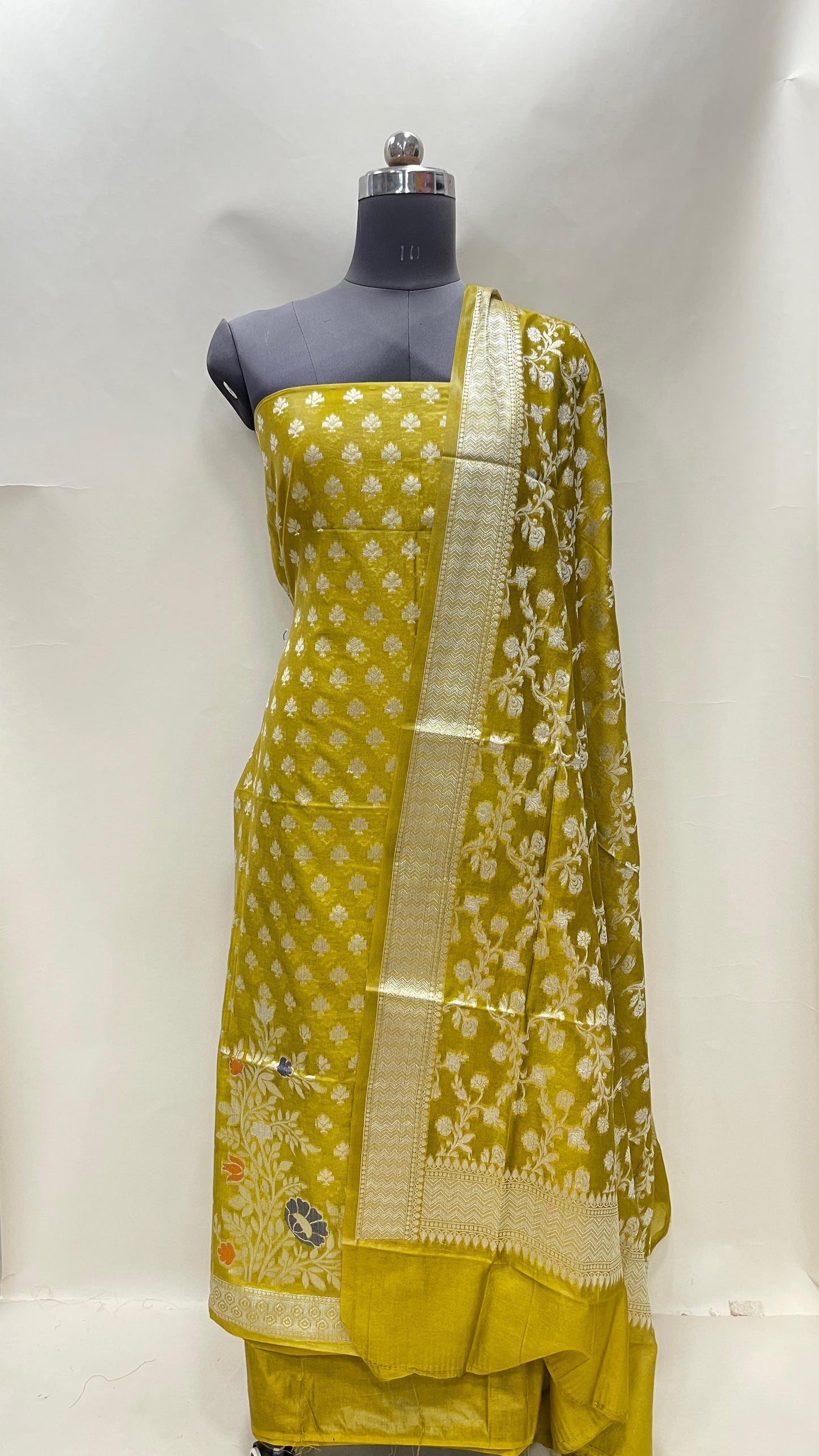 Faishana Faishana Mehndi Semi Georgette Suit with Floral Ikkat Mina Border Plain Bottom and Zari Jaal Dupatta SHL_109