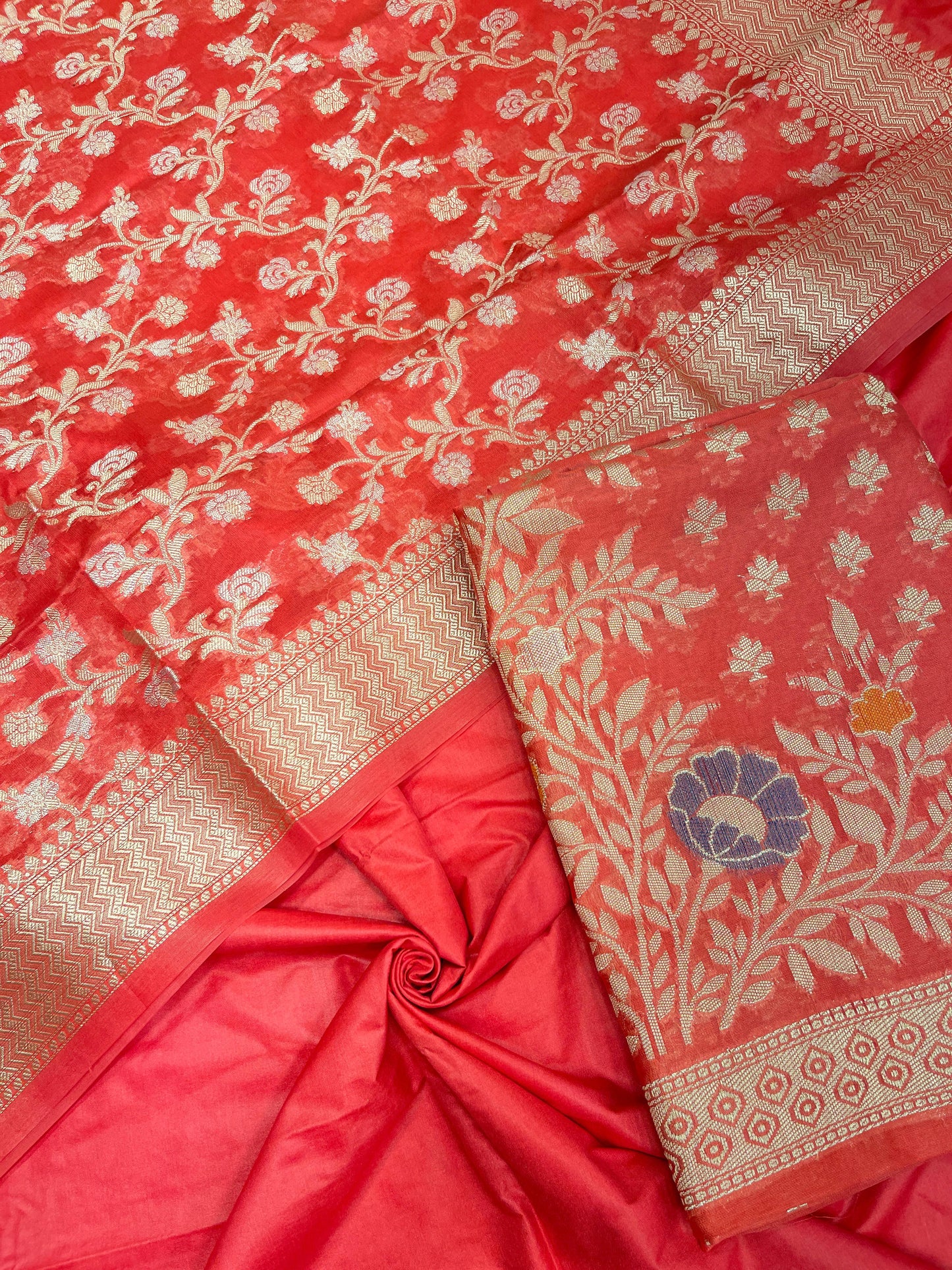 Faishana Peach Semi Georgette Suit with Floral Ikkat Mina Border Plain Bottom and Zari Jaal Dupatta SHL_110