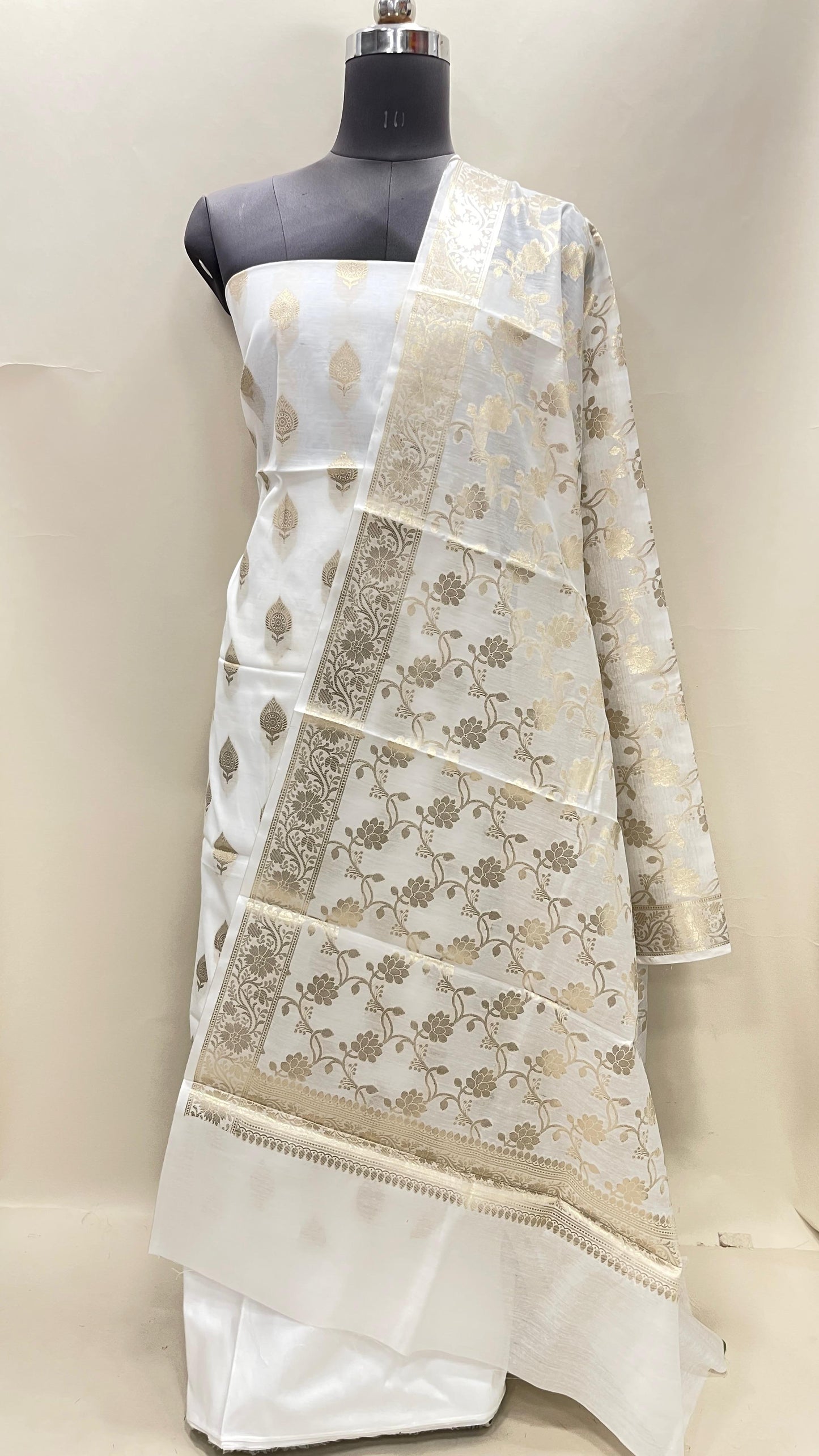 White cotton suit set with floral zari bootis and yellow dupatta. SHL_72