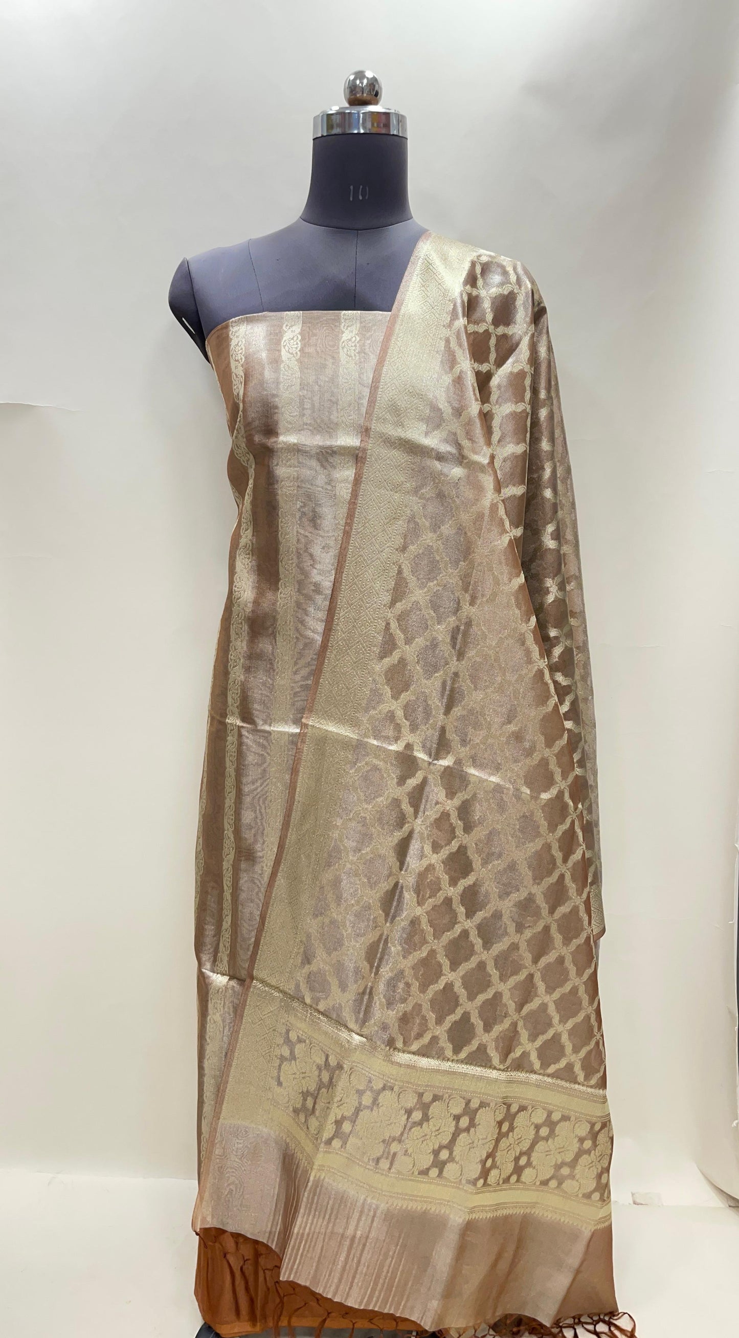 Brown tissue silk suit set with floral zari stripe and carry dupatta. SHL_78