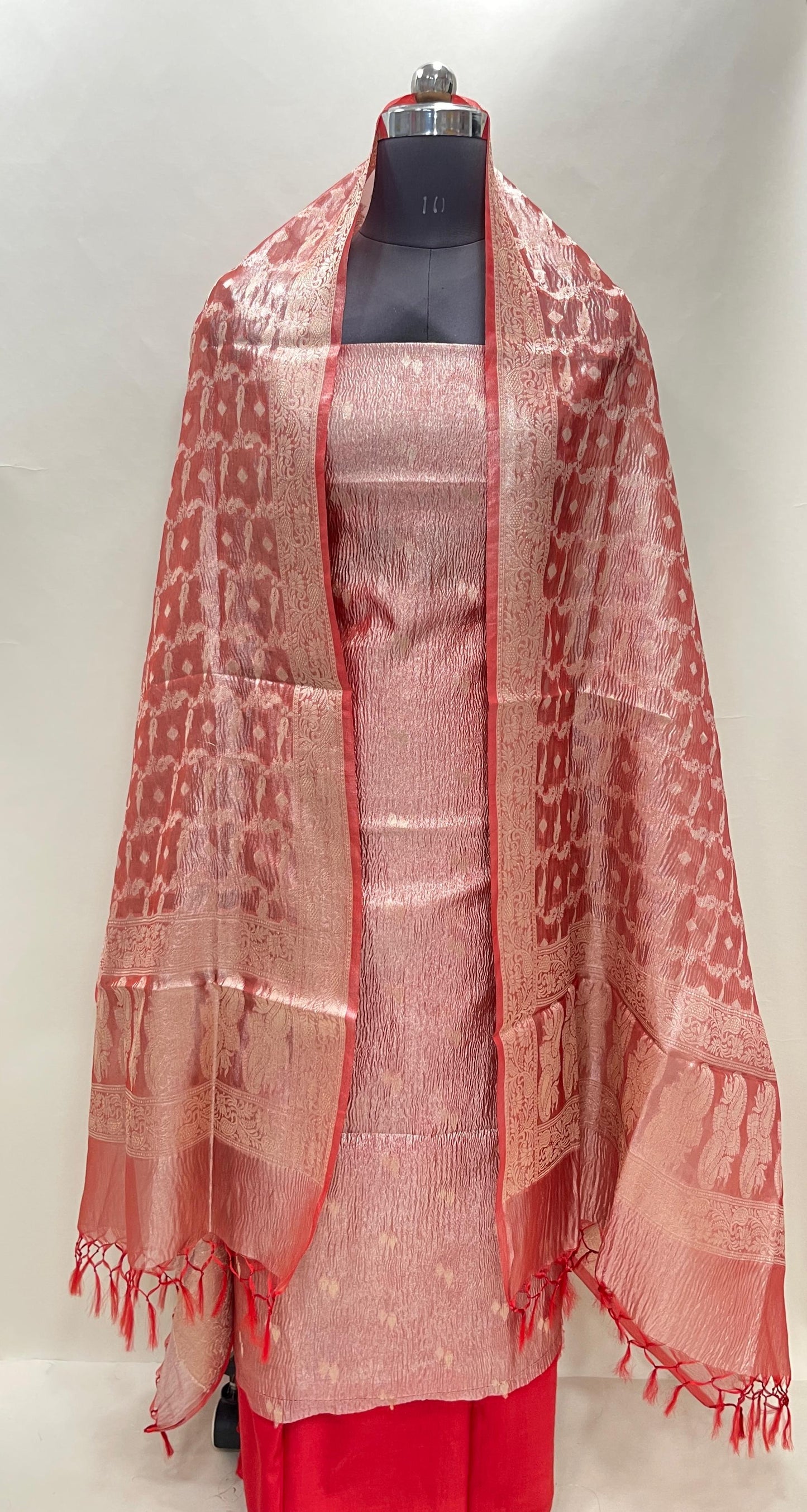 Red tissue suit with floral zari booti, plain bottom, and checkered dupatta. SHL_83