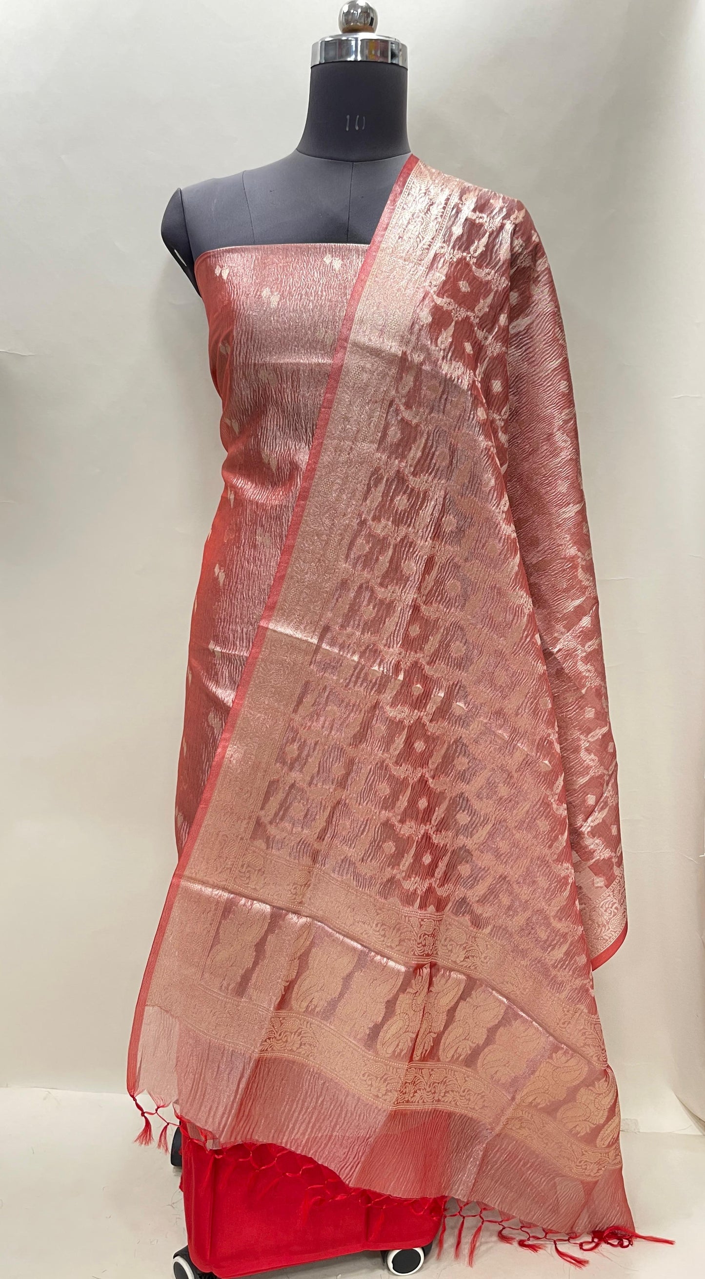 Red tissue suit with floral zari booti, plain bottom, and checkered dupatta. SHL_83