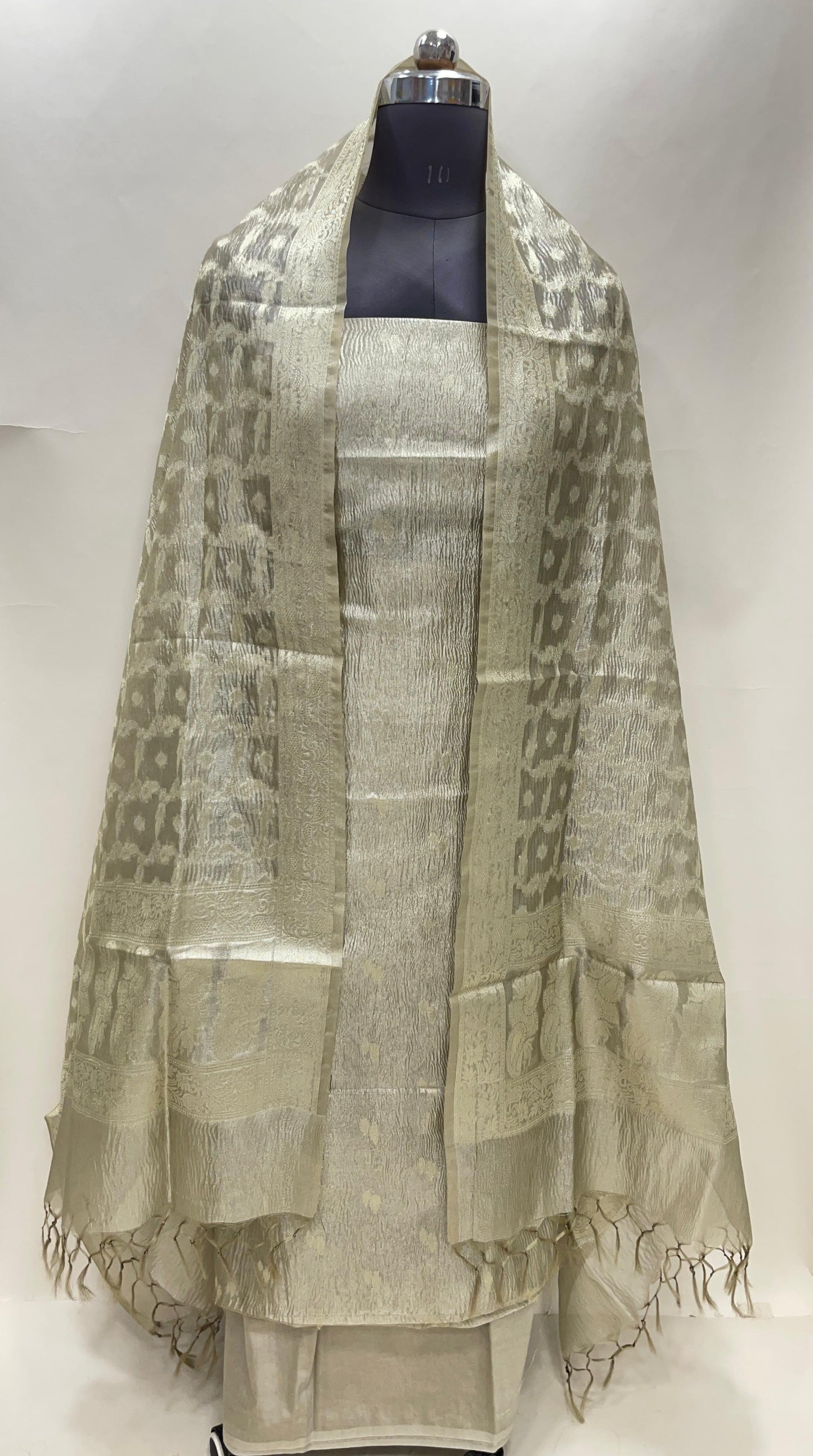 Pista green tissue suit with floral zari booti, plain bottom, checkered dupatta SHL_84.