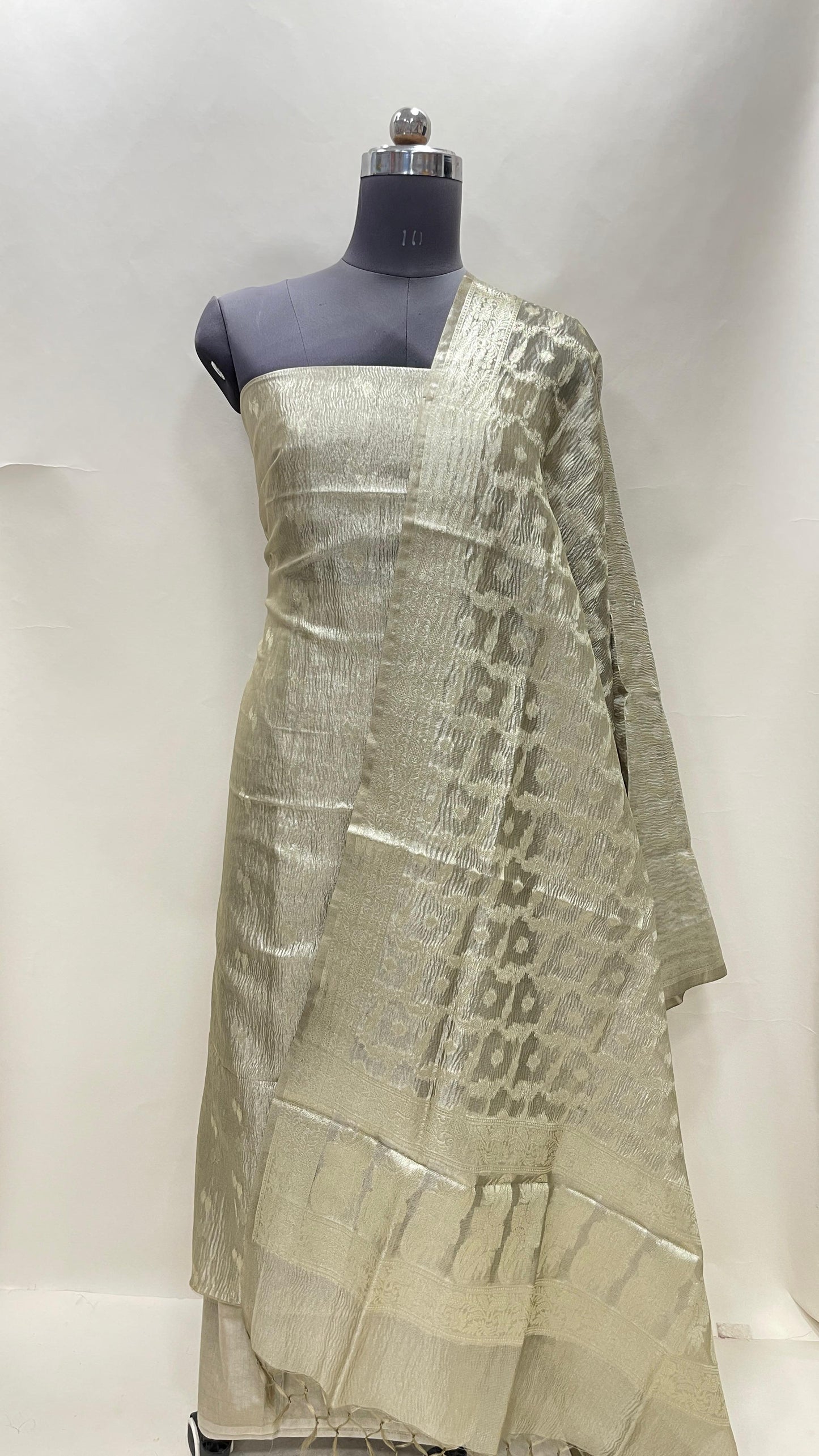Pista green tissue suit with floral zari booti, plain bottom, checkered dupatta SHL_84.