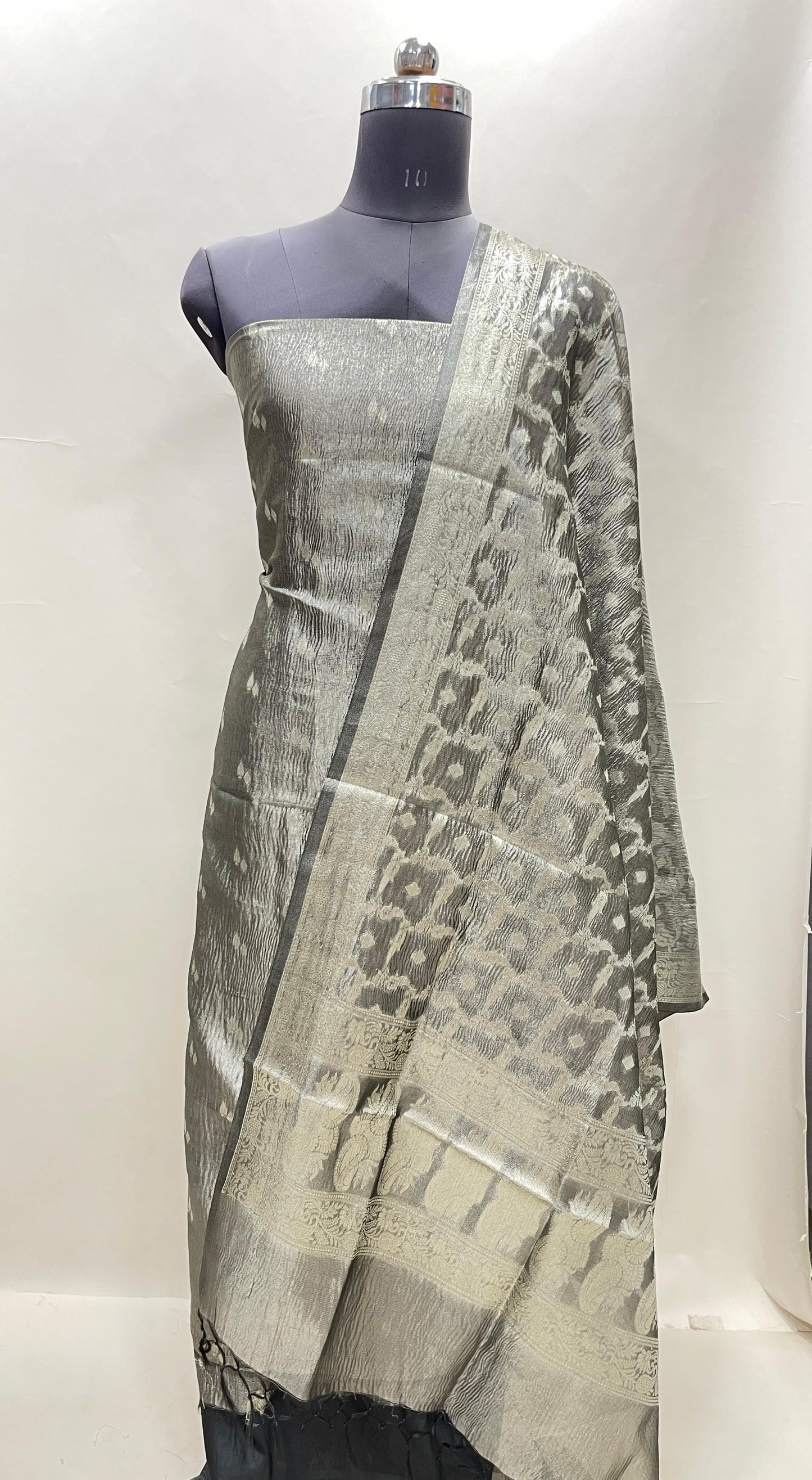 Black tissue suit with floral zari booti, plain bottom, and checkered dupatta. SHL_85