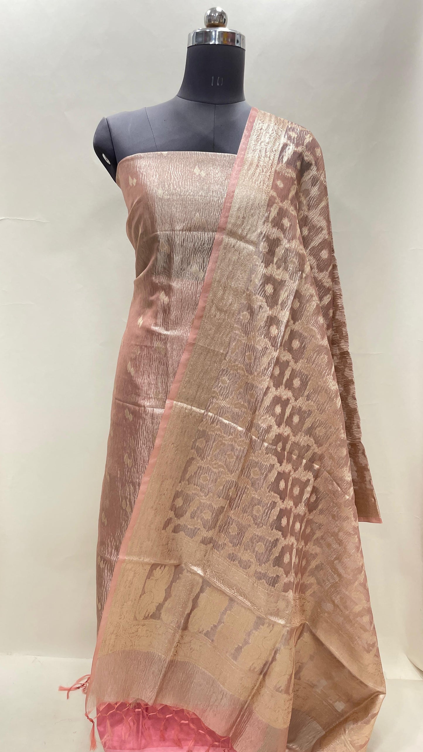 Baby pink tissue suit with floral zari booti, plain bottom, checkered dupatta. SHL_86