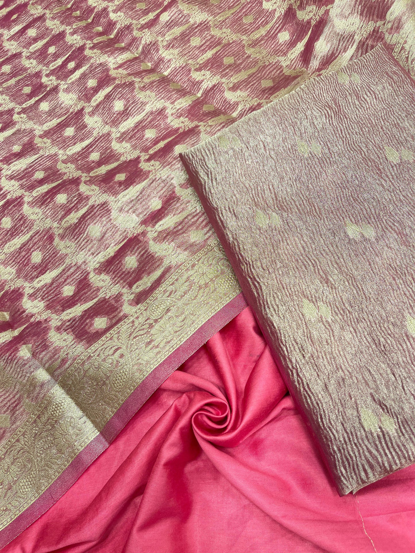 Magenta tissue suit with floral zari booti, plain bottom, and checkered dupatta. SHL_87