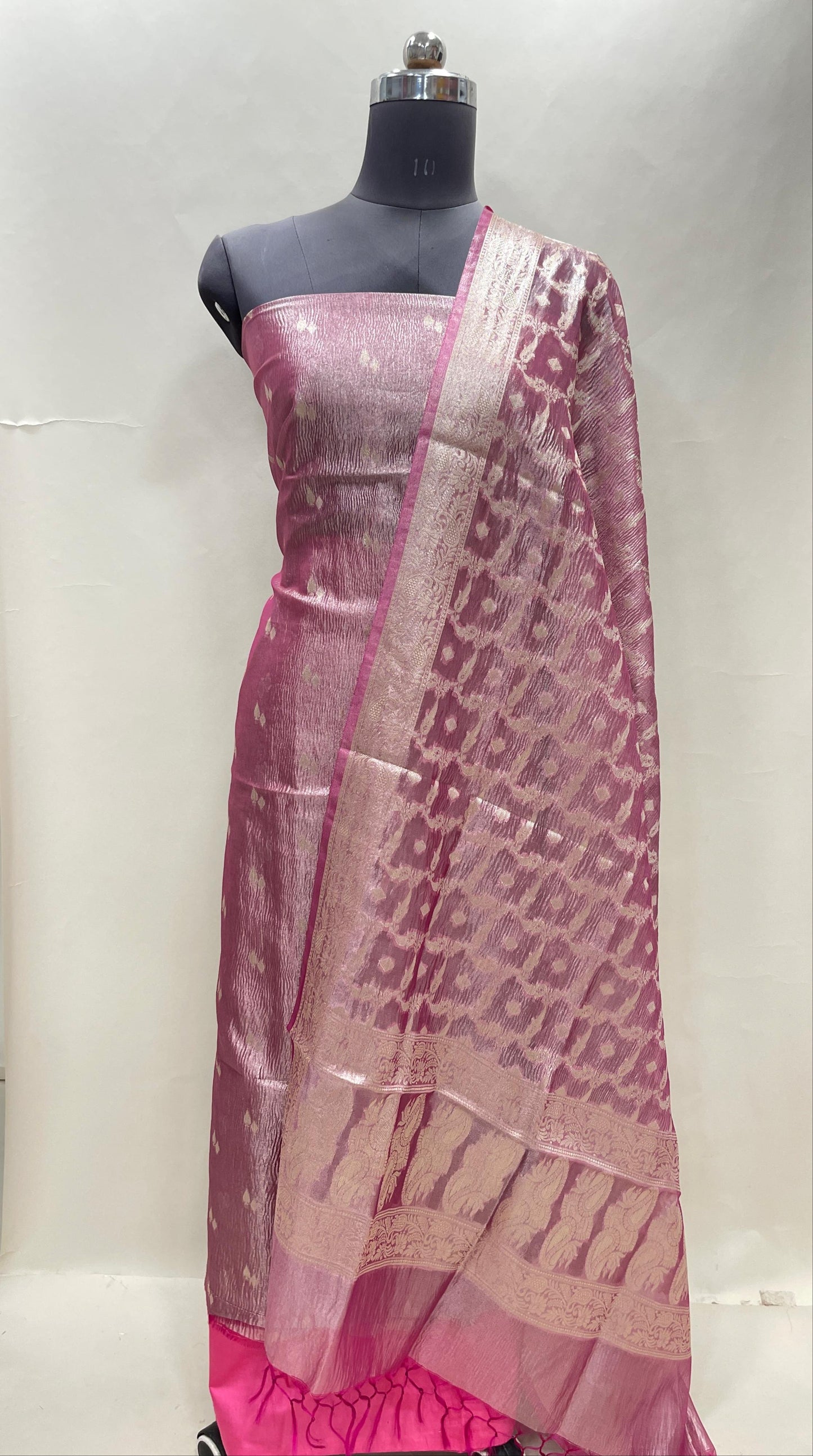 Magenta tissue suit with floral zari booti, plain bottom, and checkered dupatta. SHL_87
