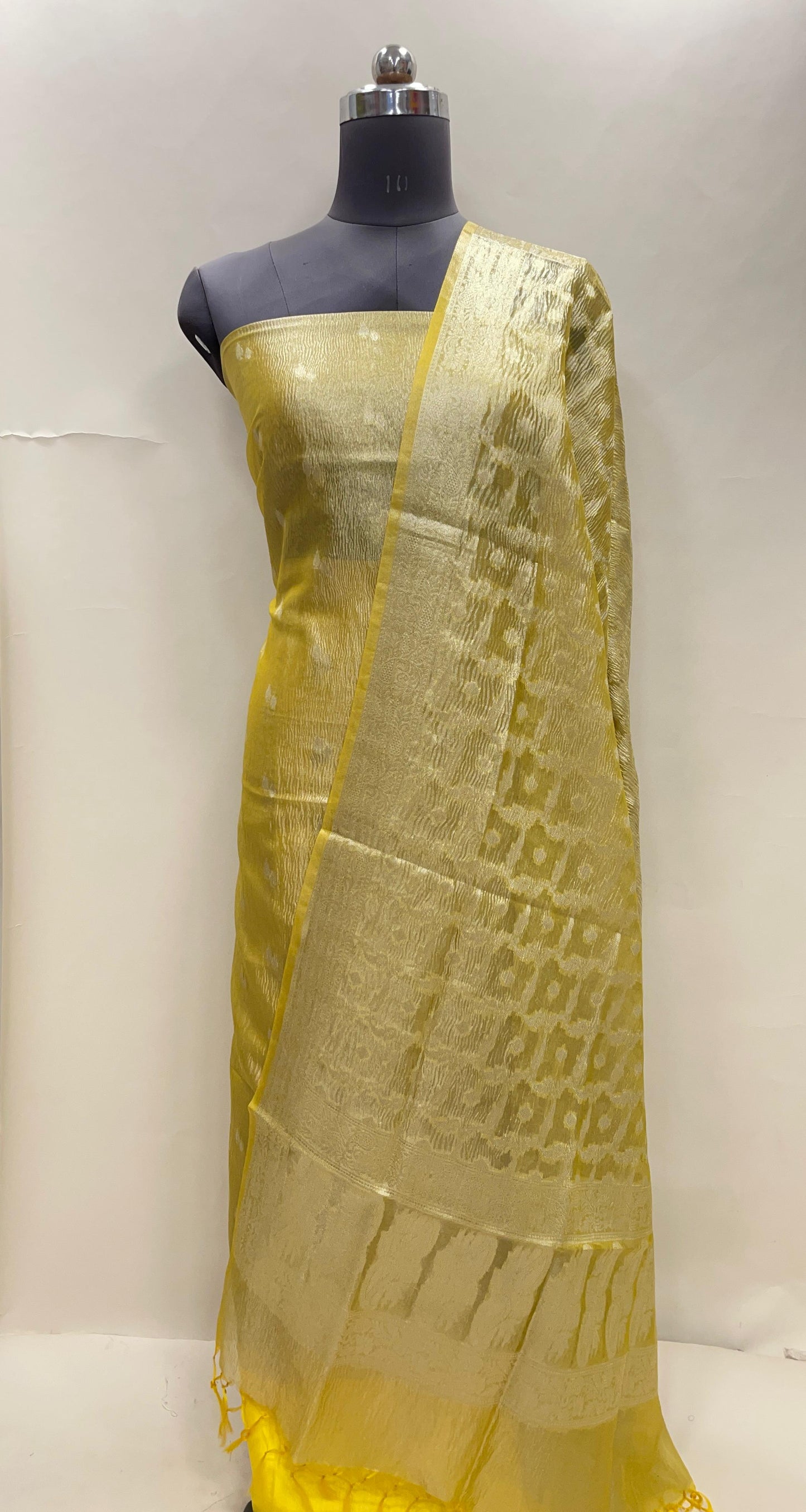 Faishana Yellow Crush Tissue 3-piece Suit, Floral Zari Booti Checkered Dupatta. SHL_88