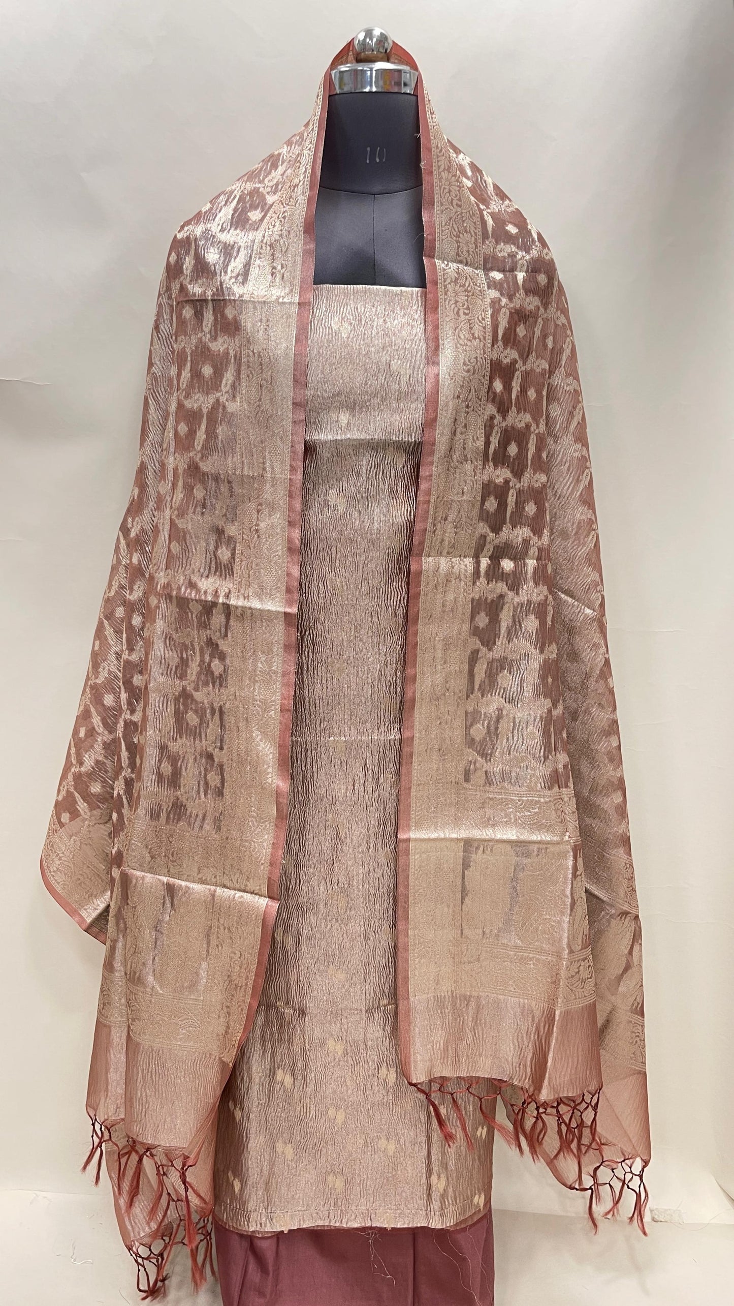 Faishana Brown Crush Tissue 3-piece Suit, Floral Zari Booti Checkered Dupatta SHL_89.