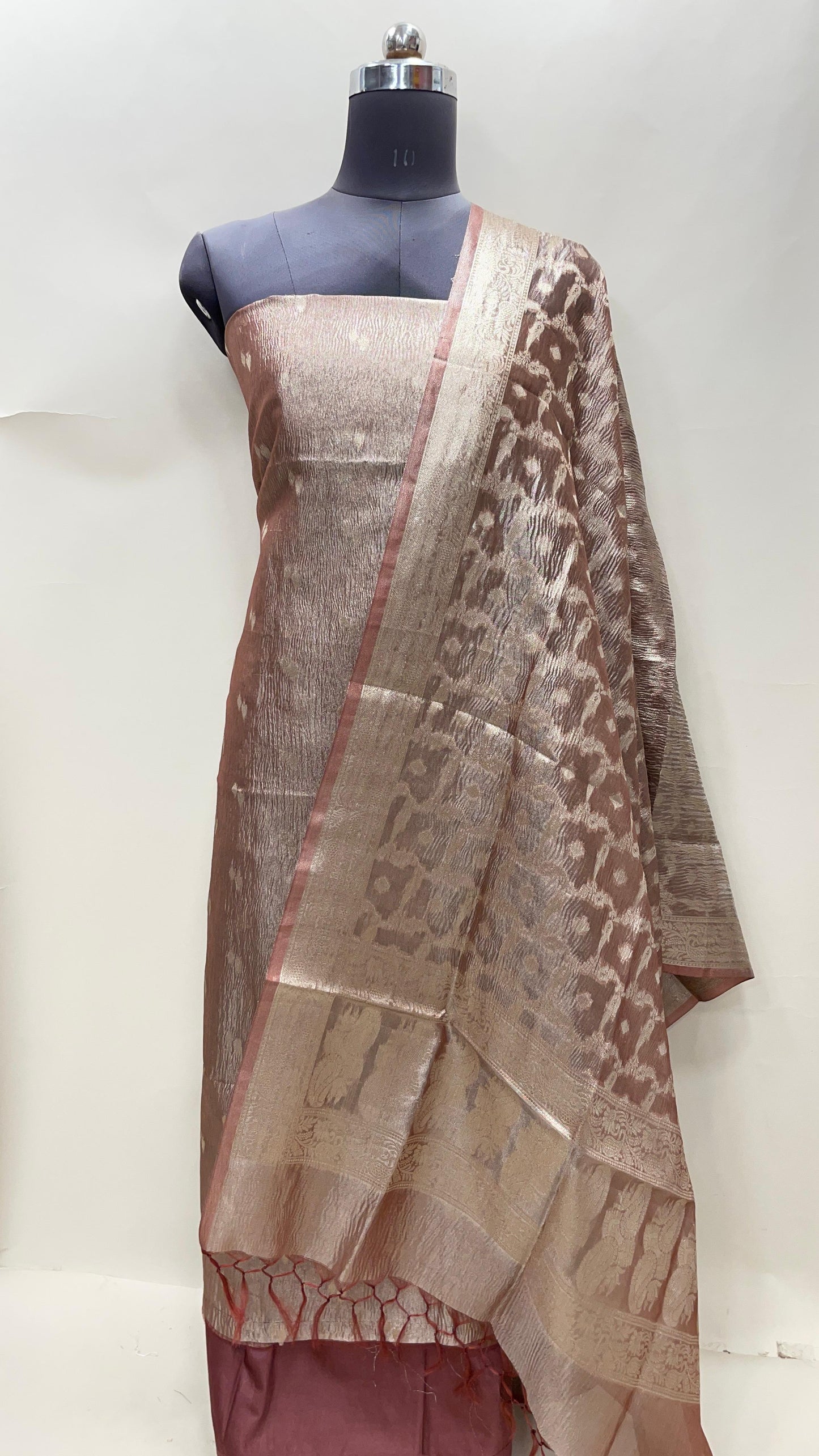 Faishana Brown Crush Tissue 3-piece Suit, Floral Zari Booti Checkered Dupatta SHL_89.