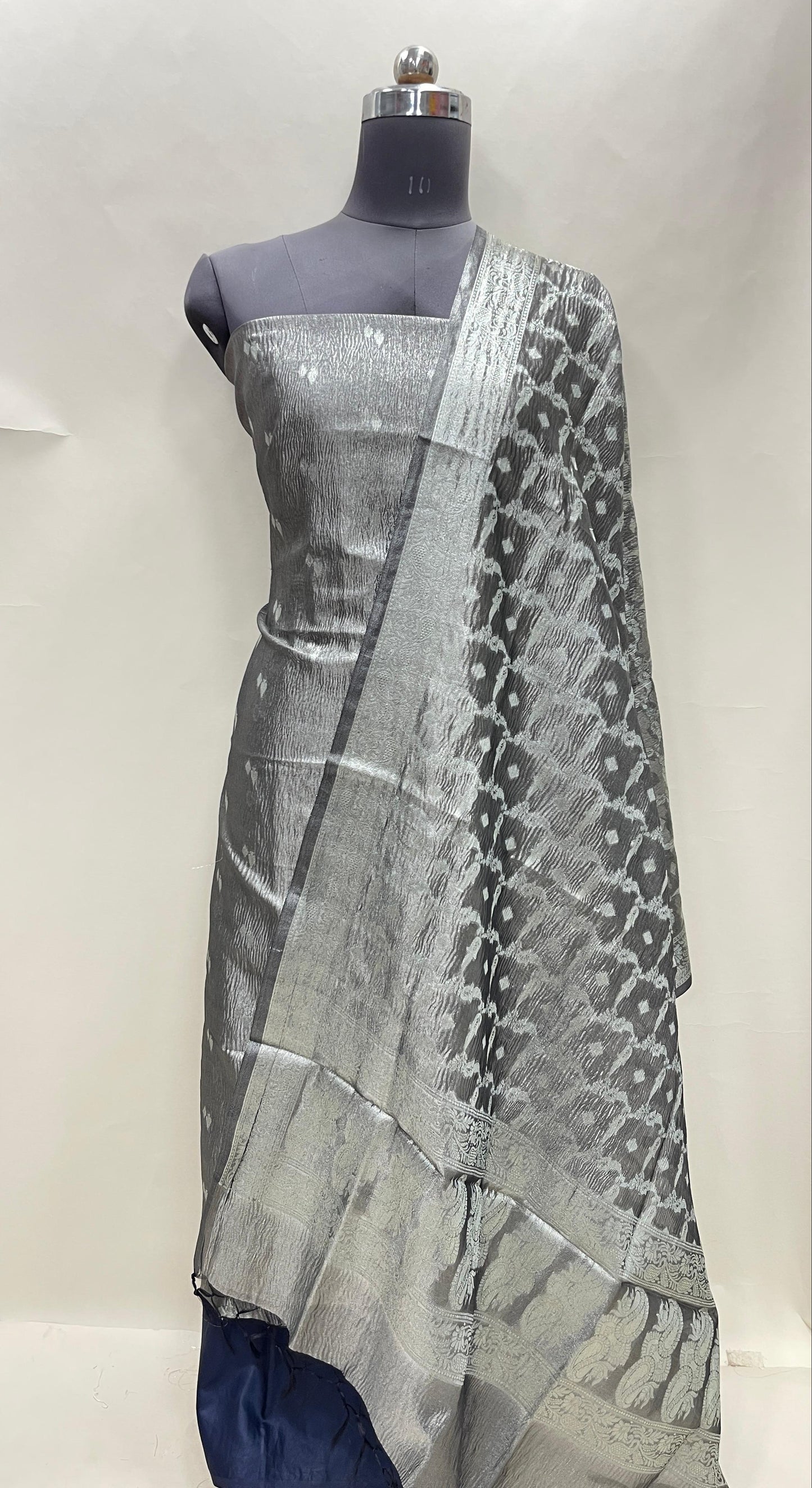 Faishana Navy Blue Crush Tissue 3-piece Suit, Floral Zari Booti Dupatta. SHL_90