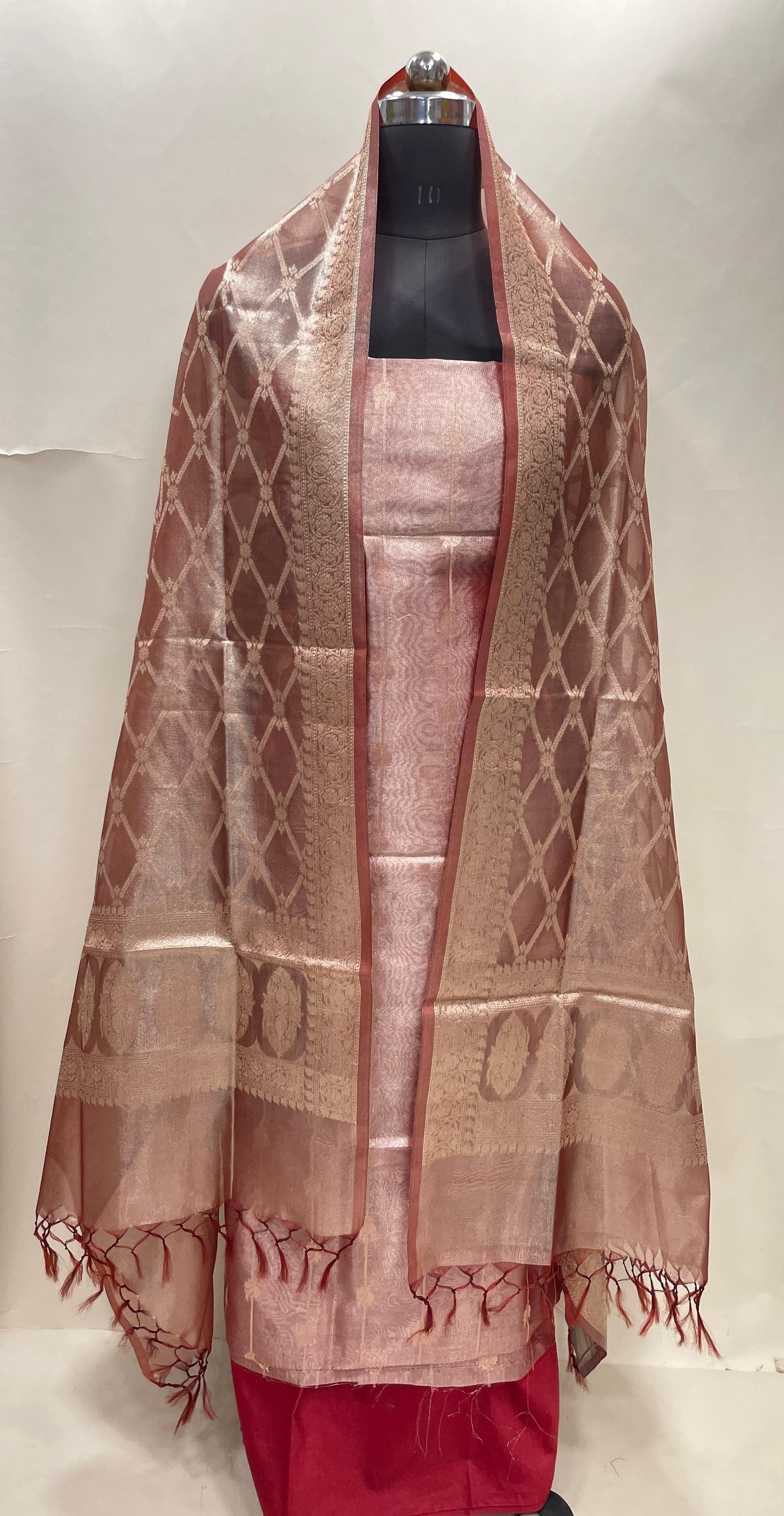 Faishana Magenta Tissue Silk 3-piece Suit, Floral Zari Stripe Booti Dupatta. SHL_91