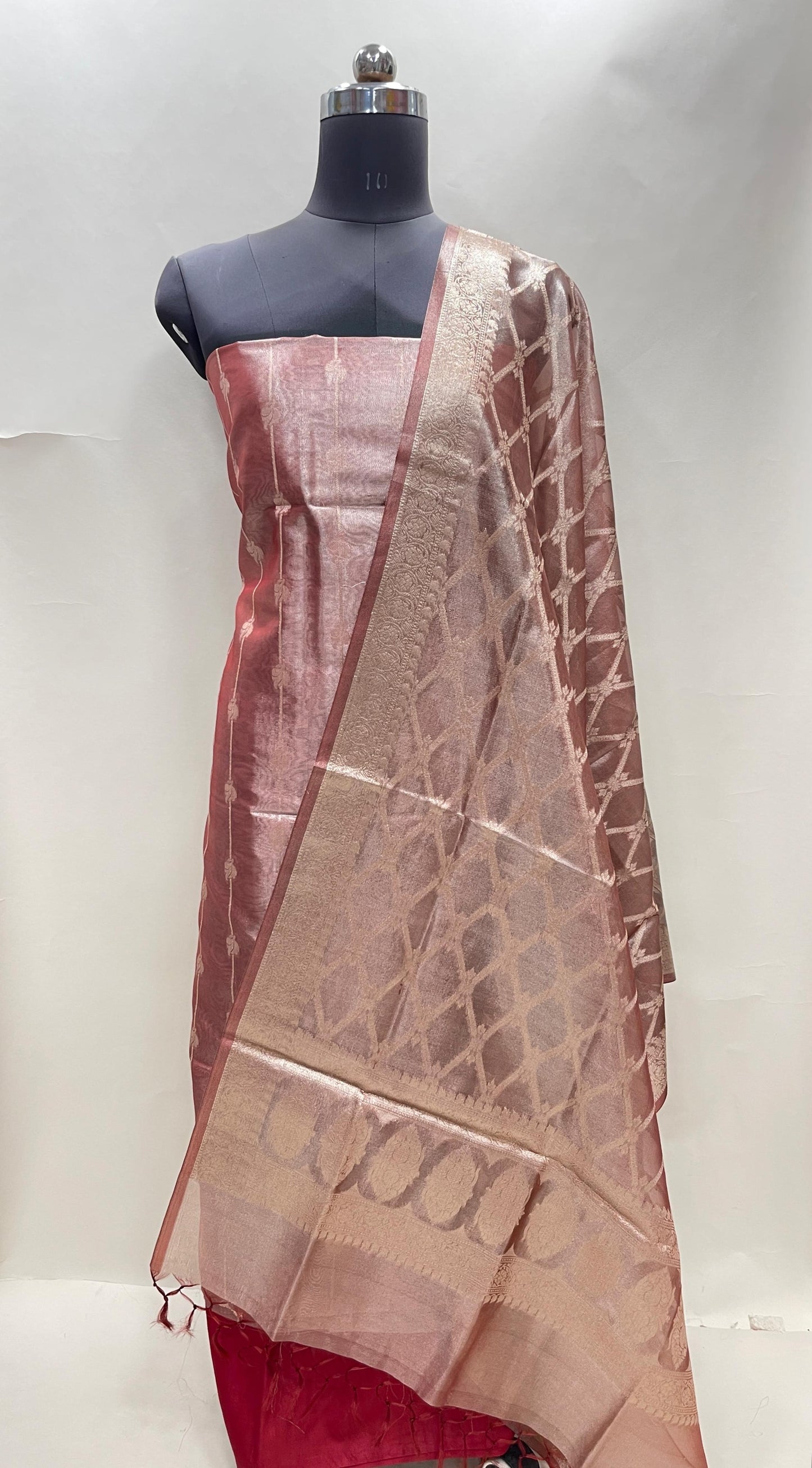 Faishana Magenta Tissue Silk 3-piece Suit, Floral Zari Stripe Booti Dupatta. SHL_91