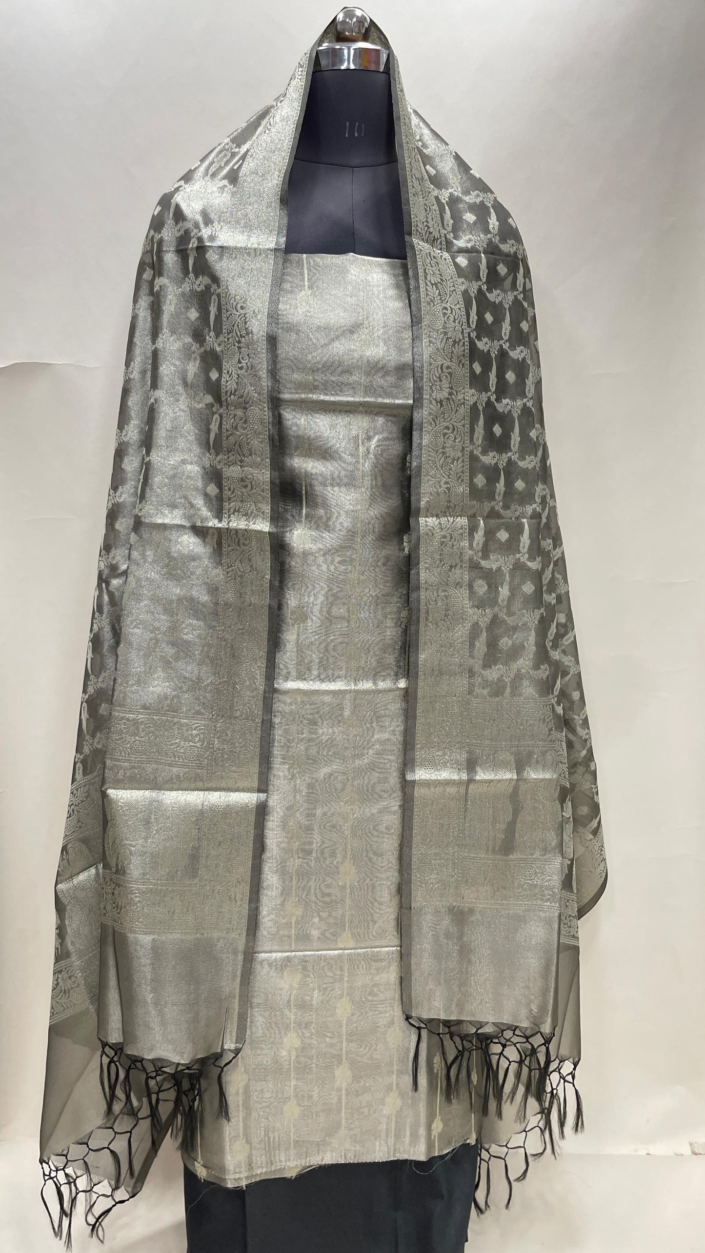 Faishana Black Tissue Silk 3-piece Suit, Floral Zari Stripe Booti Dupatta. SHL_93