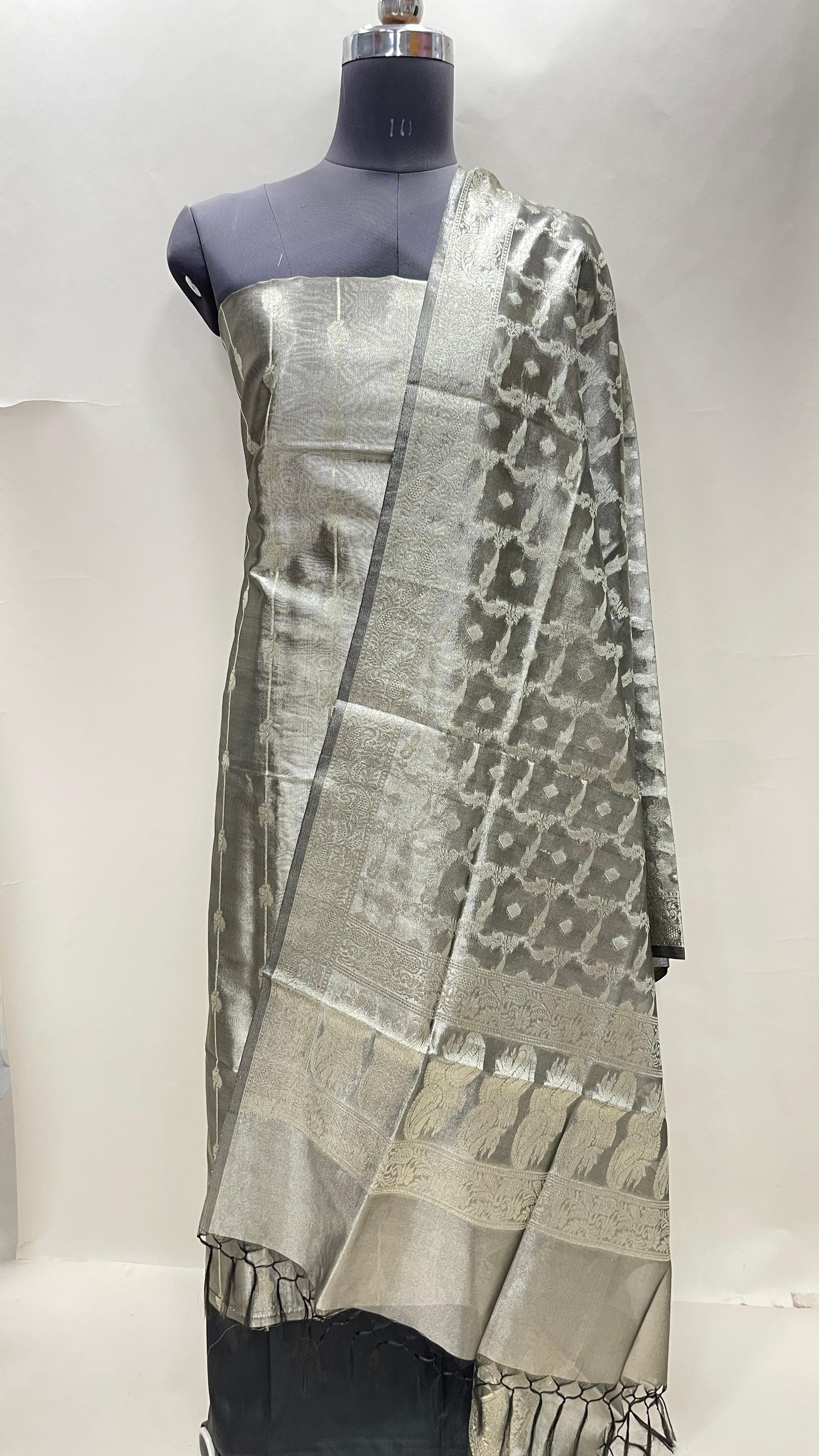 Faishana Black Tissue Silk 3-piece Suit, Floral Zari Stripe Booti Dupatta. SHL_93