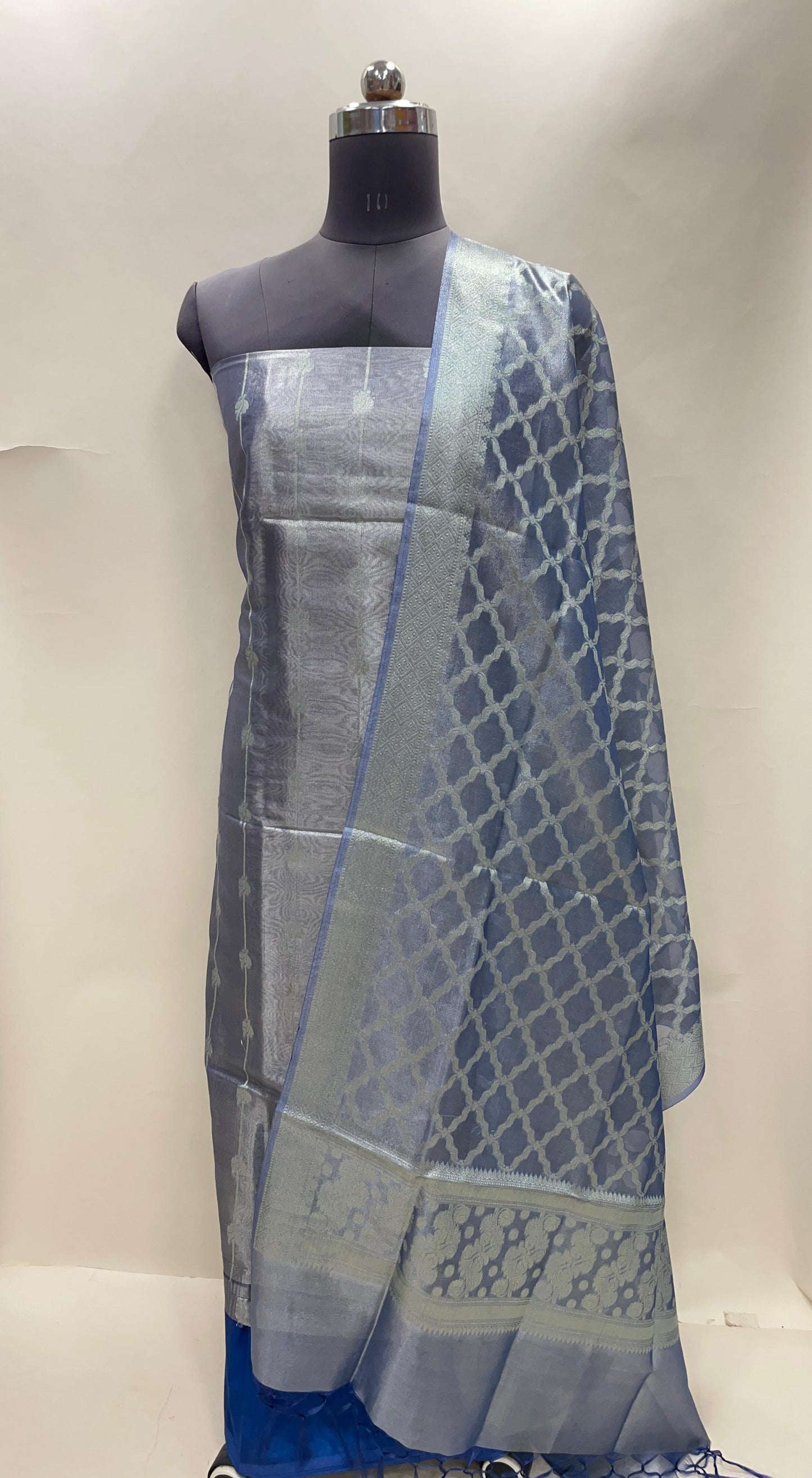 Faishana Blue Tissue Silk 3-piece Suit, Floral Zari Stripe Booti Dupatta. SHL_94