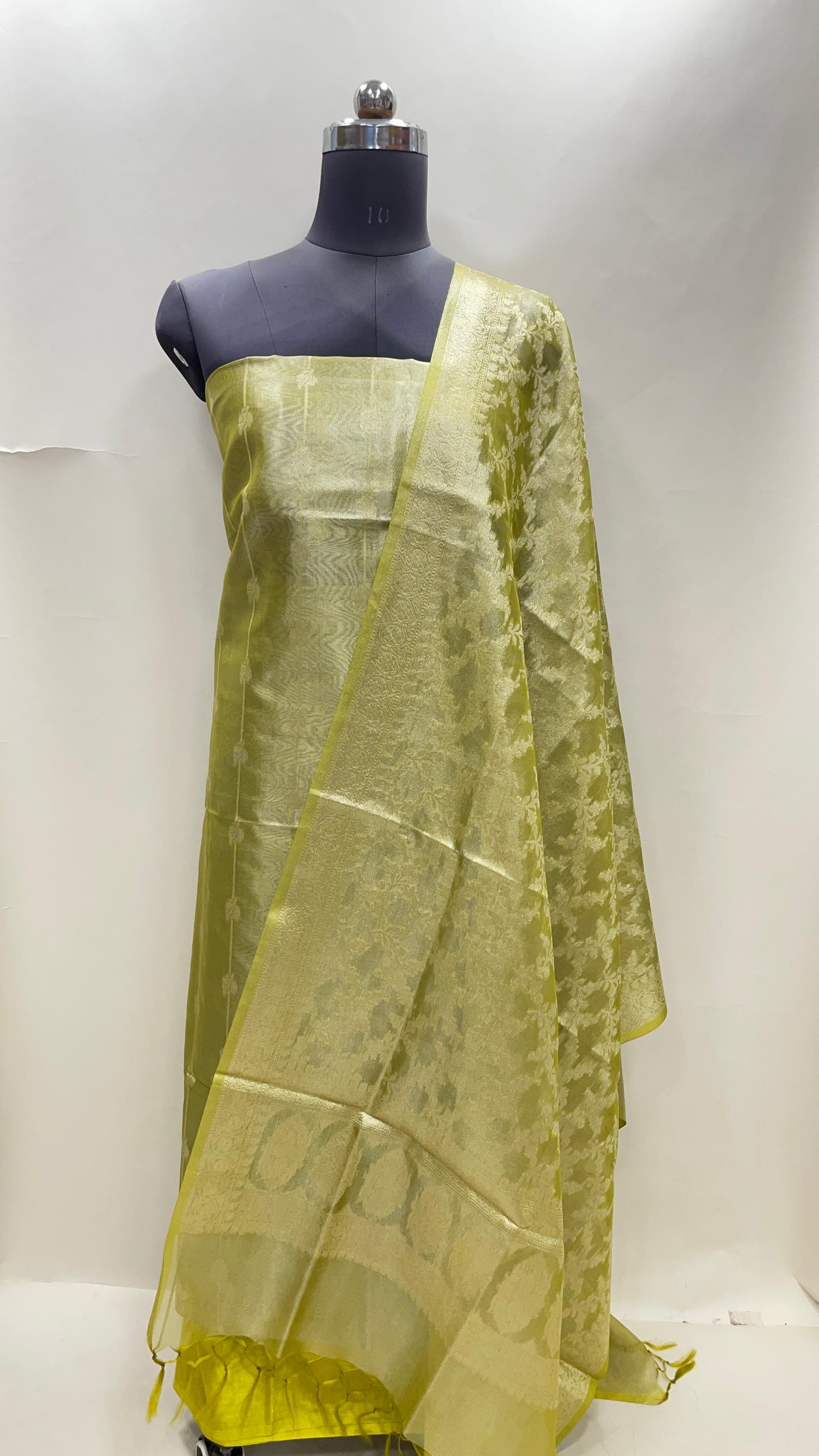 Faishana Lime Yellow Tissue Silk 3-piece Suit with Floral Zari Stripe Booti. SHL_95