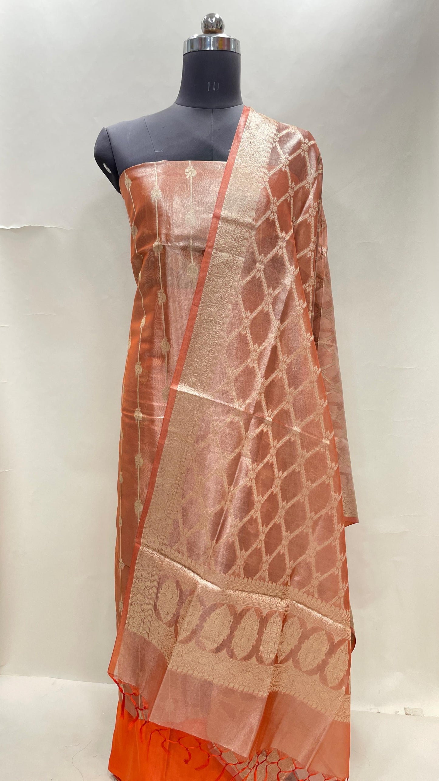 Faishana Orange Tissue Silk Floral Zari Stripe Booti 3 pcs Suit Set with Plain Bottom and Floral Zari Checkered Jaal Orange Dupatta