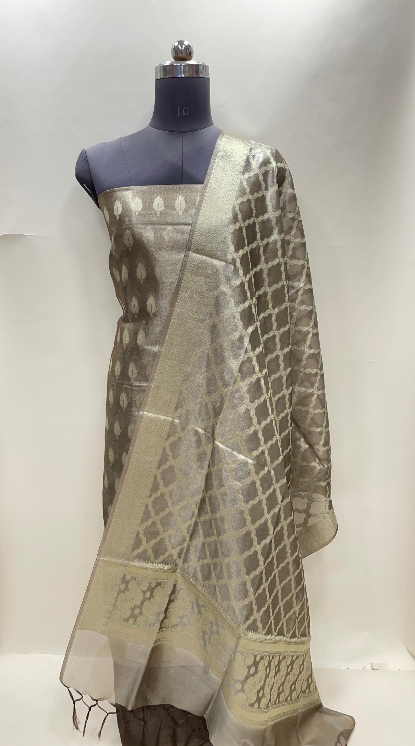 Faishana Brown Tissue Silk 3-piece Suit, Floral Zari Checkered Jaal Dupatta. SHL_99