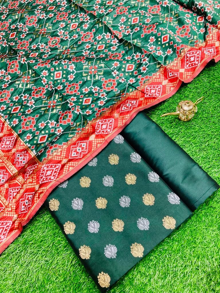 Dark Green Katan Silk Silver Gold Zari With Patola Weave Dupatta 700SKL_KS17