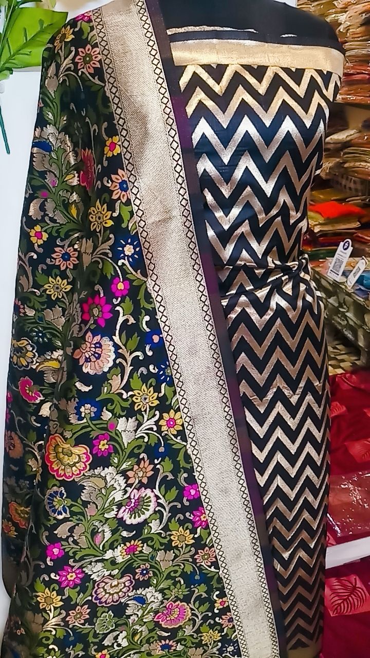 Black Katan Silk Zig-Zag With Multicolor Mina Jaal Dupatta Banarasi Suit Set 900SKL_KZ5