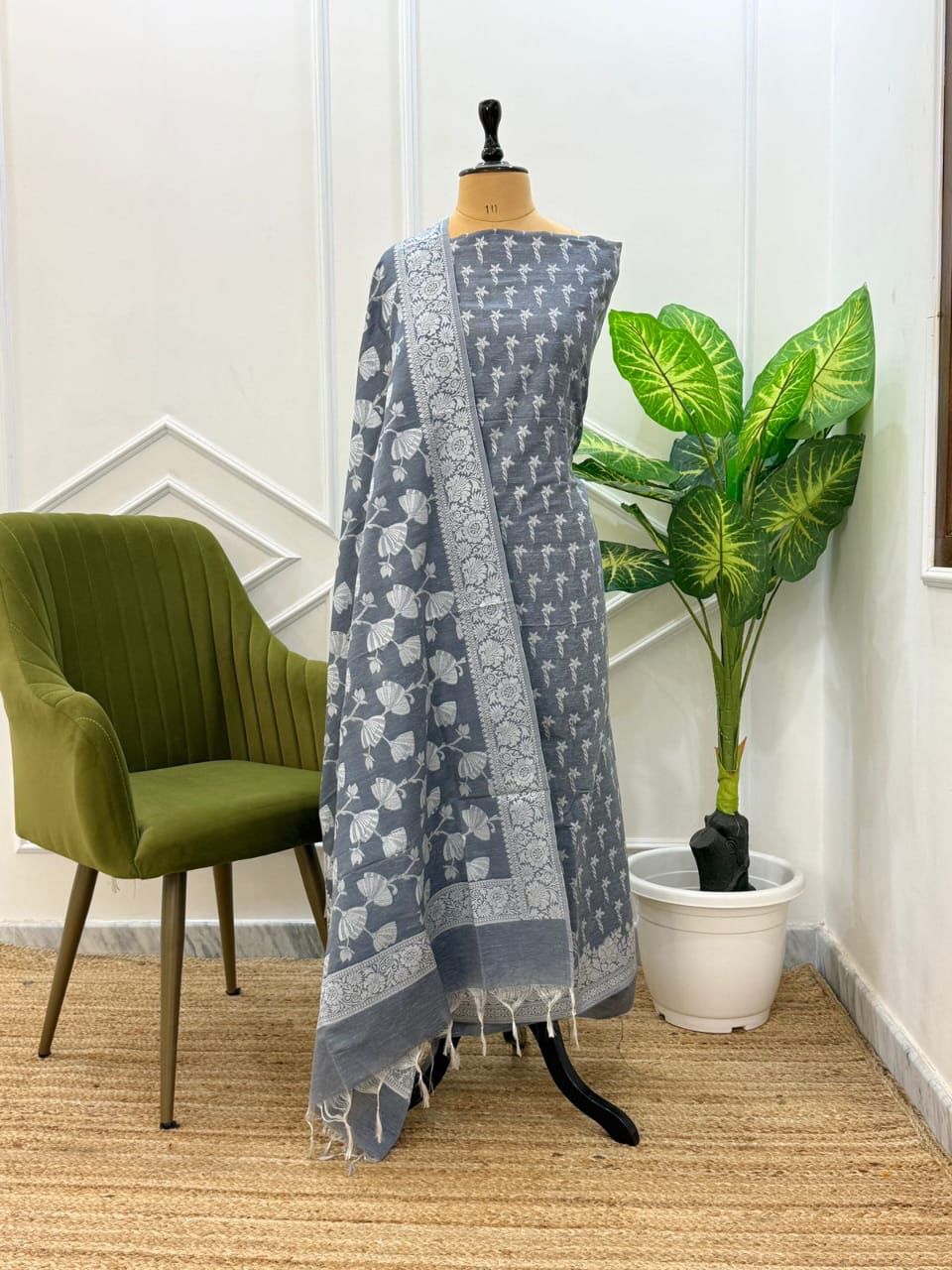 Grey Soft Linen Dupion Banarasi Suit With Jaal Dupatta 1000SKL_LN10