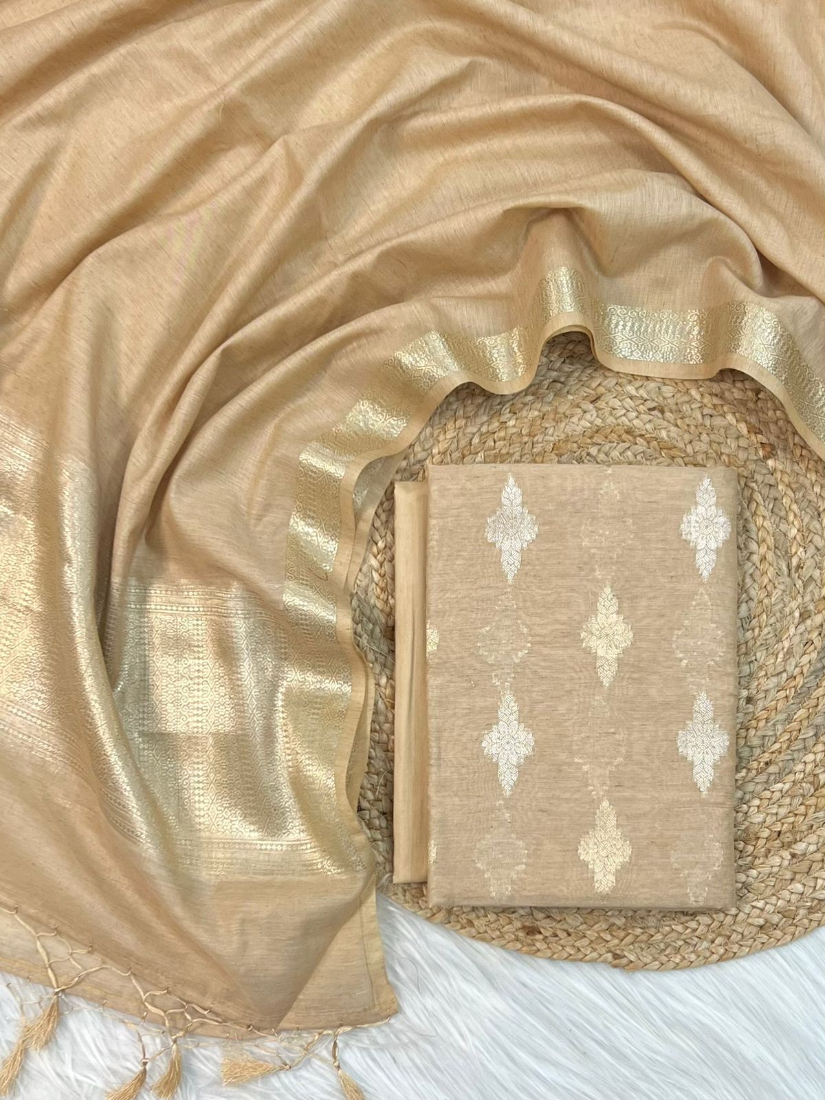 Beige Linen Dupion Booti With Contrast Dye Dupatta Banarasi 3 Pcs Suit Set 1100SKL_LN19