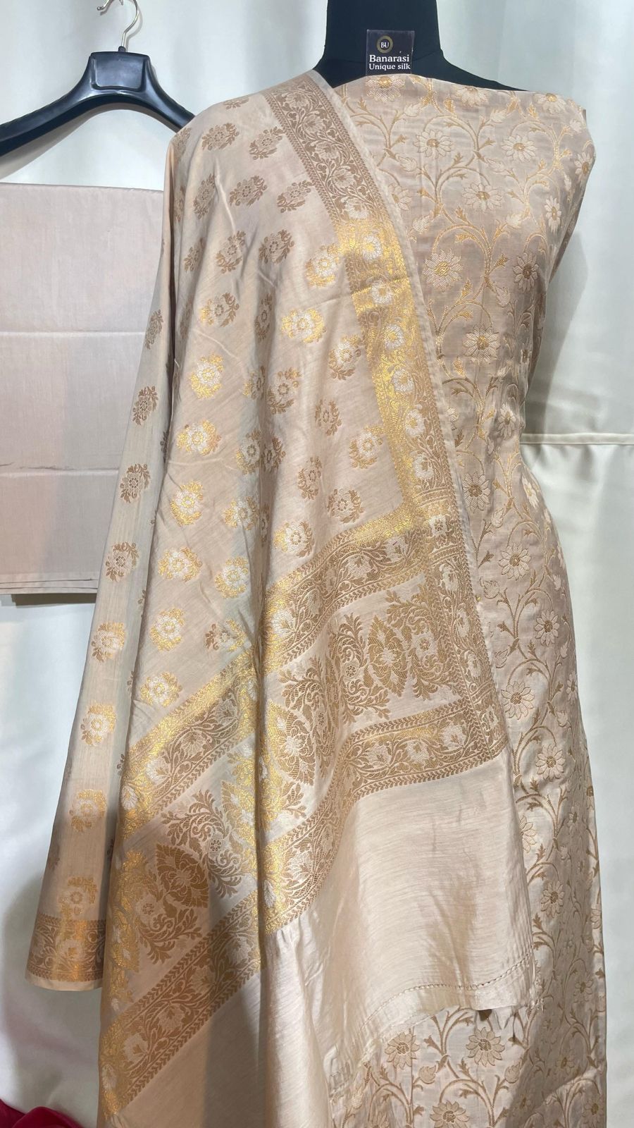 Beige Mulberry Chiniya Silk With Floral Booti Dupatta Banarasi 3 Pcs Suit Set 1100SKL_MLC5