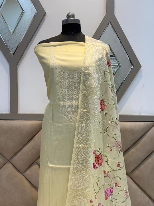 Lemon Yellow Cotton Embroidery Necklace Banarasi Suit 1350SKL_NC2