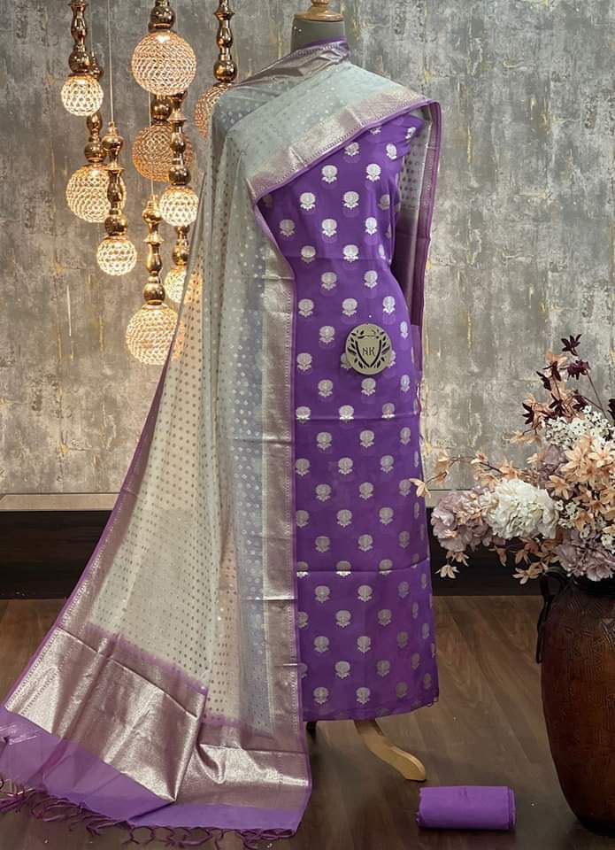 Purple Mercerised Lorex Weave Booti With Off-White Dupatta Banarasi 3 Pcs Suit Set 1200SKL_PML4