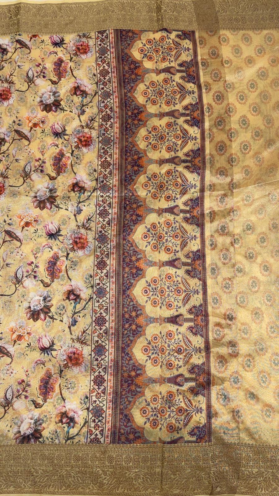 Faishana Presents Yellow Warm Silk Floral Digital Print Copper Zari Border Banarasi Saree with Floral Print Booti Yellow Blouse