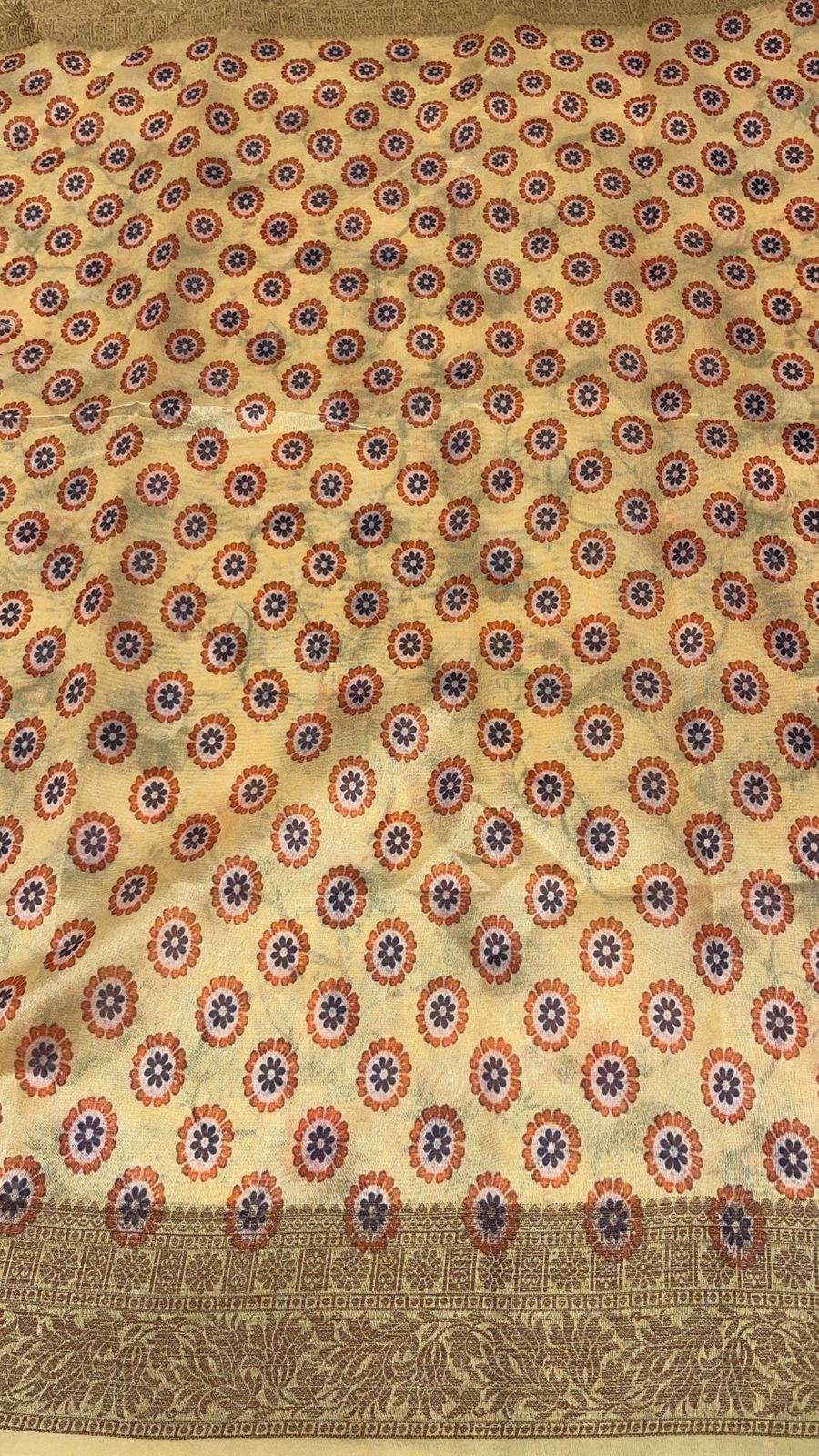 Faishana Presents Yellow Warm Silk Floral Digital Print Copper Zari Border Banarasi Saree with Floral Print Booti Yellow Blouse