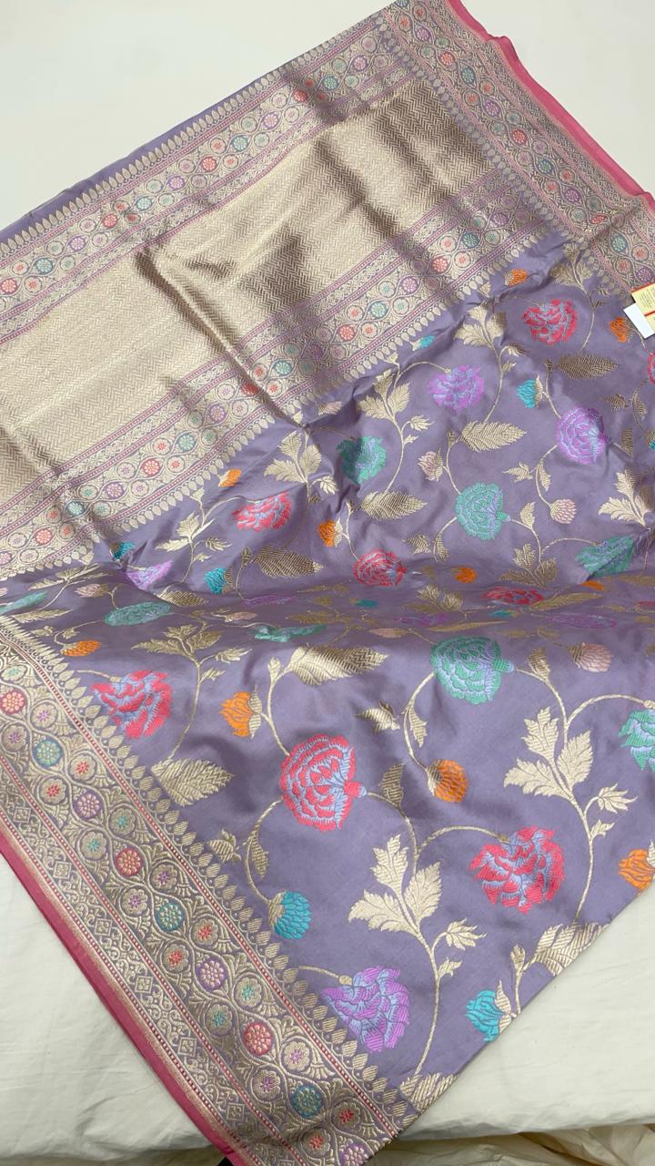 Faishana Pure Handloom Katan Silk Light Purple Minakari Kadhwa Floral Boota Jangla Jaal with Kadhwa Weaving Pallu Zari Border and Peach Kadhwa Blouse