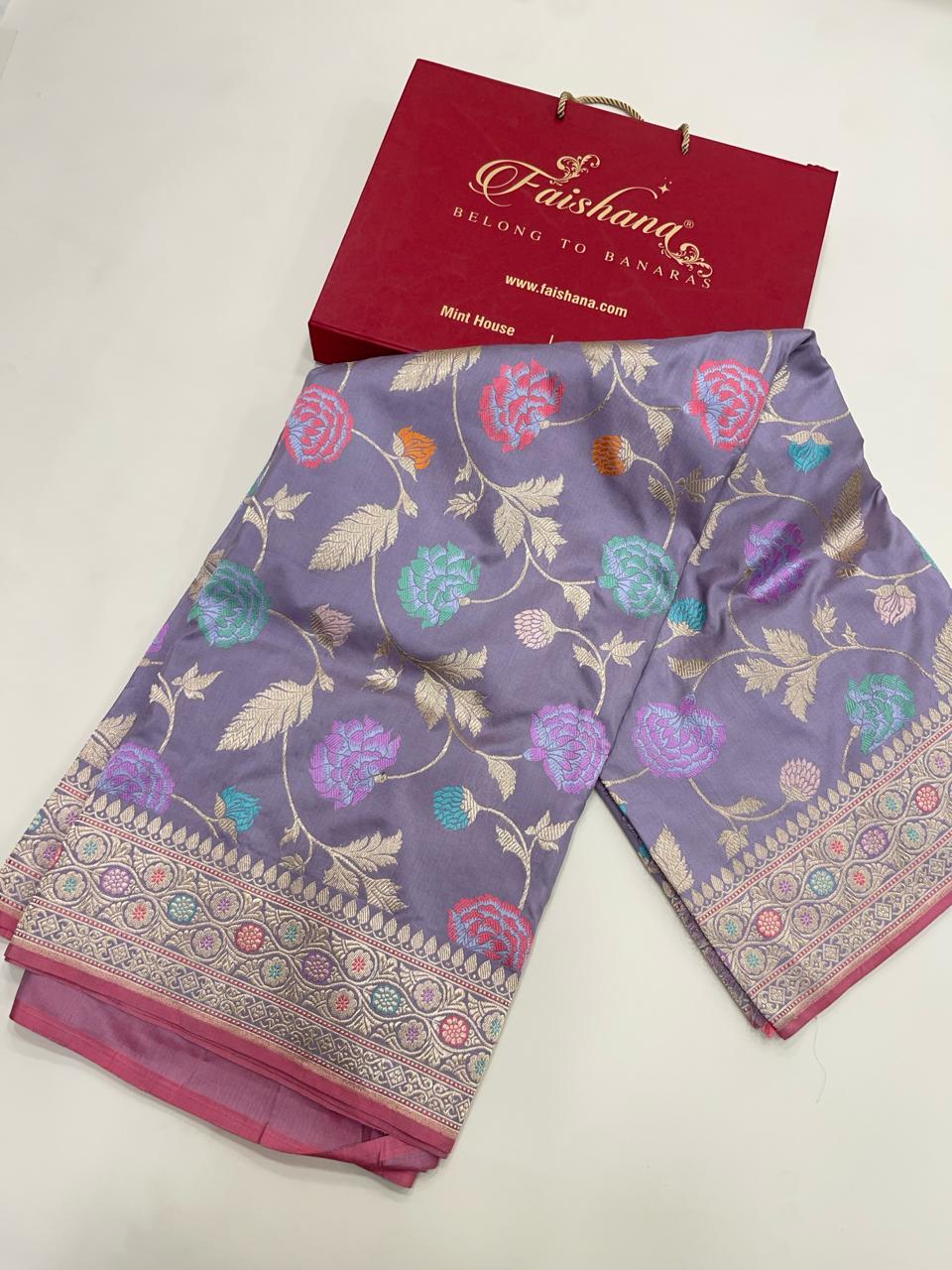 Faishana Pure Handloom Katan Silk Light Purple Minakari Kadhwa Floral Boota Jangla Jaal with Kadhwa Weaving Pallu Zari Border and Peach Kadhwa Blouse